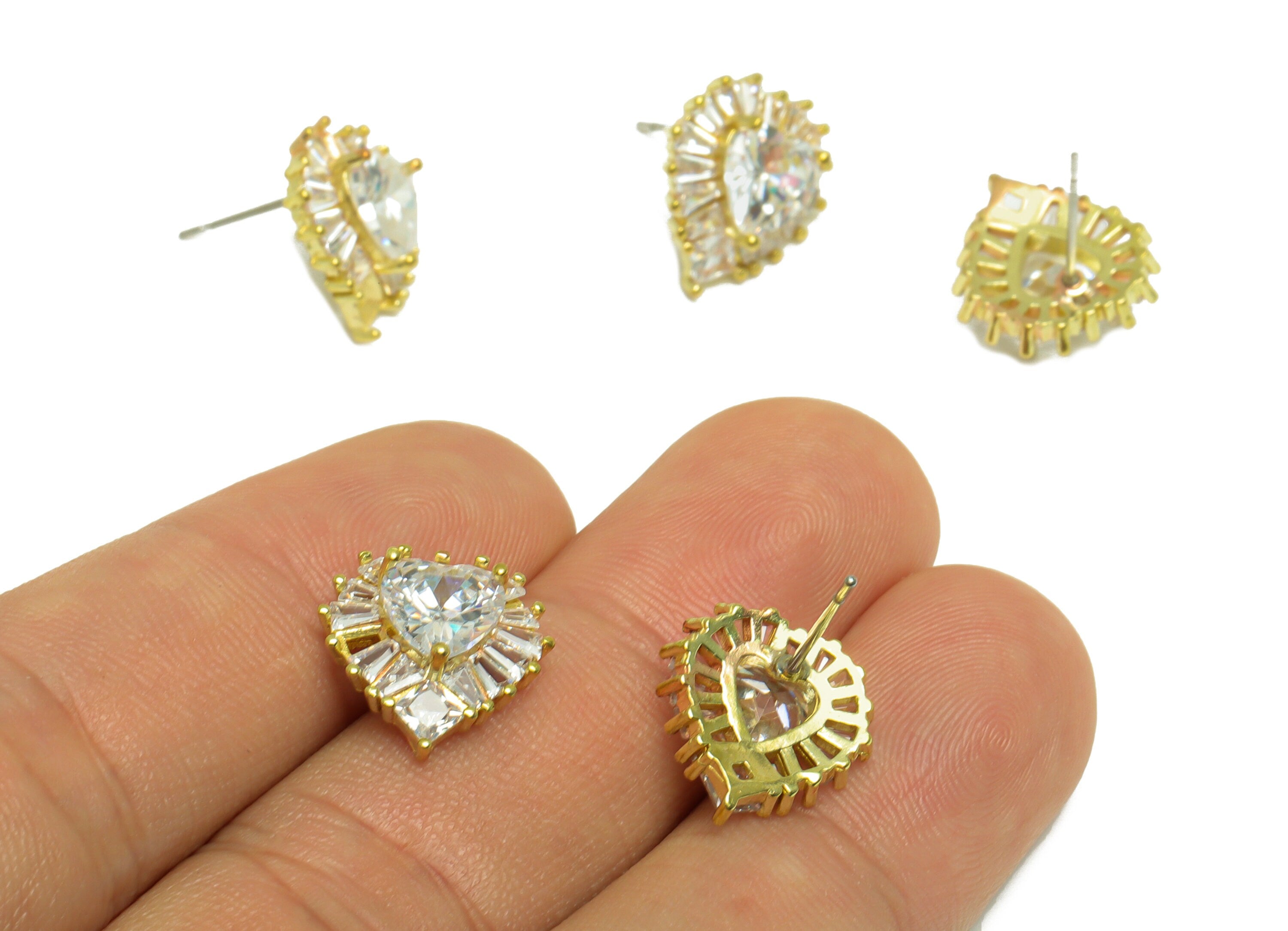 Brass CZ Heart Earring Stud - Raw Brass Heart Cubic Zircon Earring Post - Brass Heart Zircon Earring Post - 16.5x14x5.04mm - PP10110 - DOMEDBAZAAR