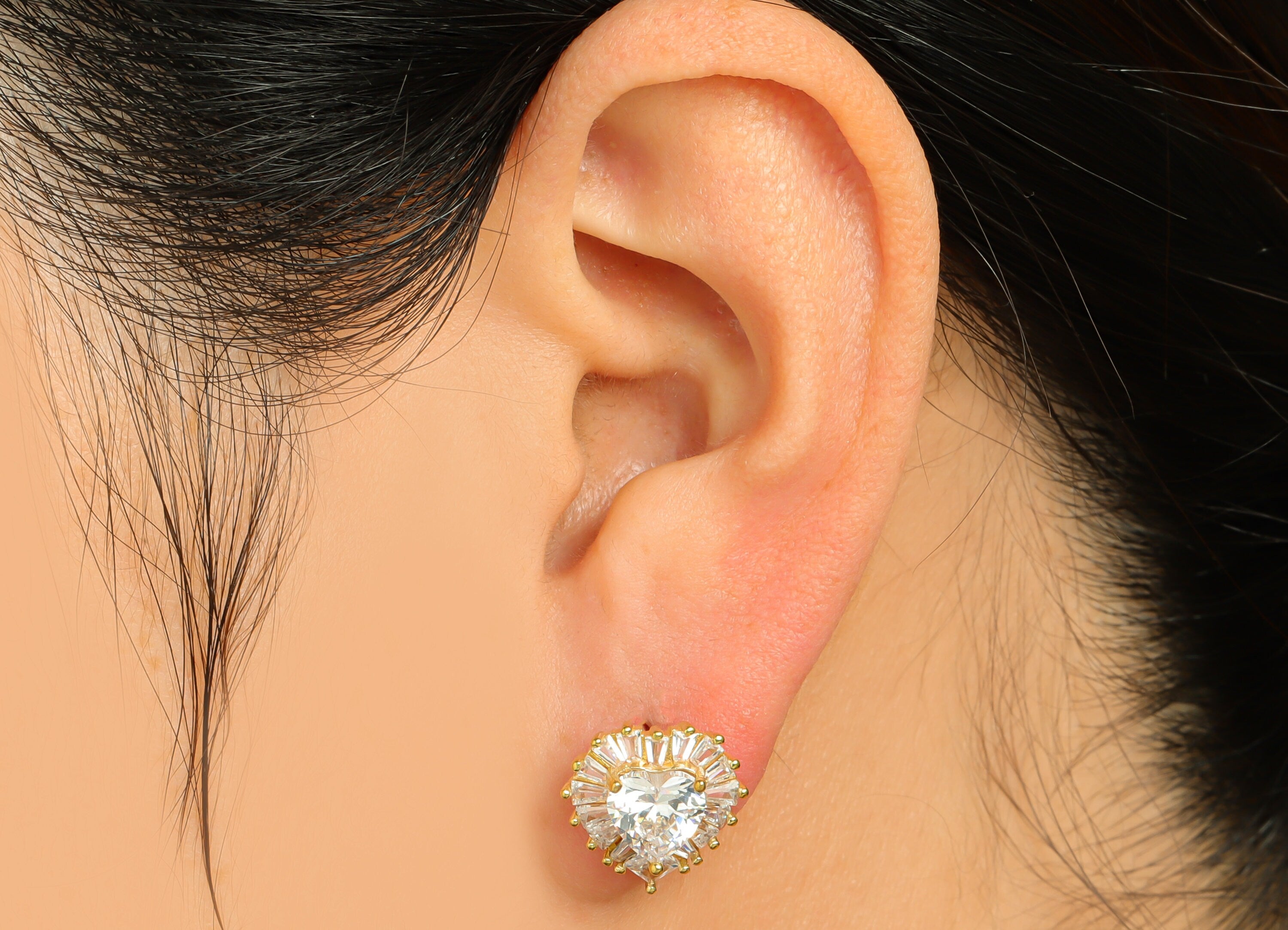 Brass CZ Heart Earring Stud - Raw Brass Heart Cubic Zircon Earring Post - Brass Heart Zircon Earring Post - 16.5x14x5.04mm - PP10110 - DOMEDBAZAAR