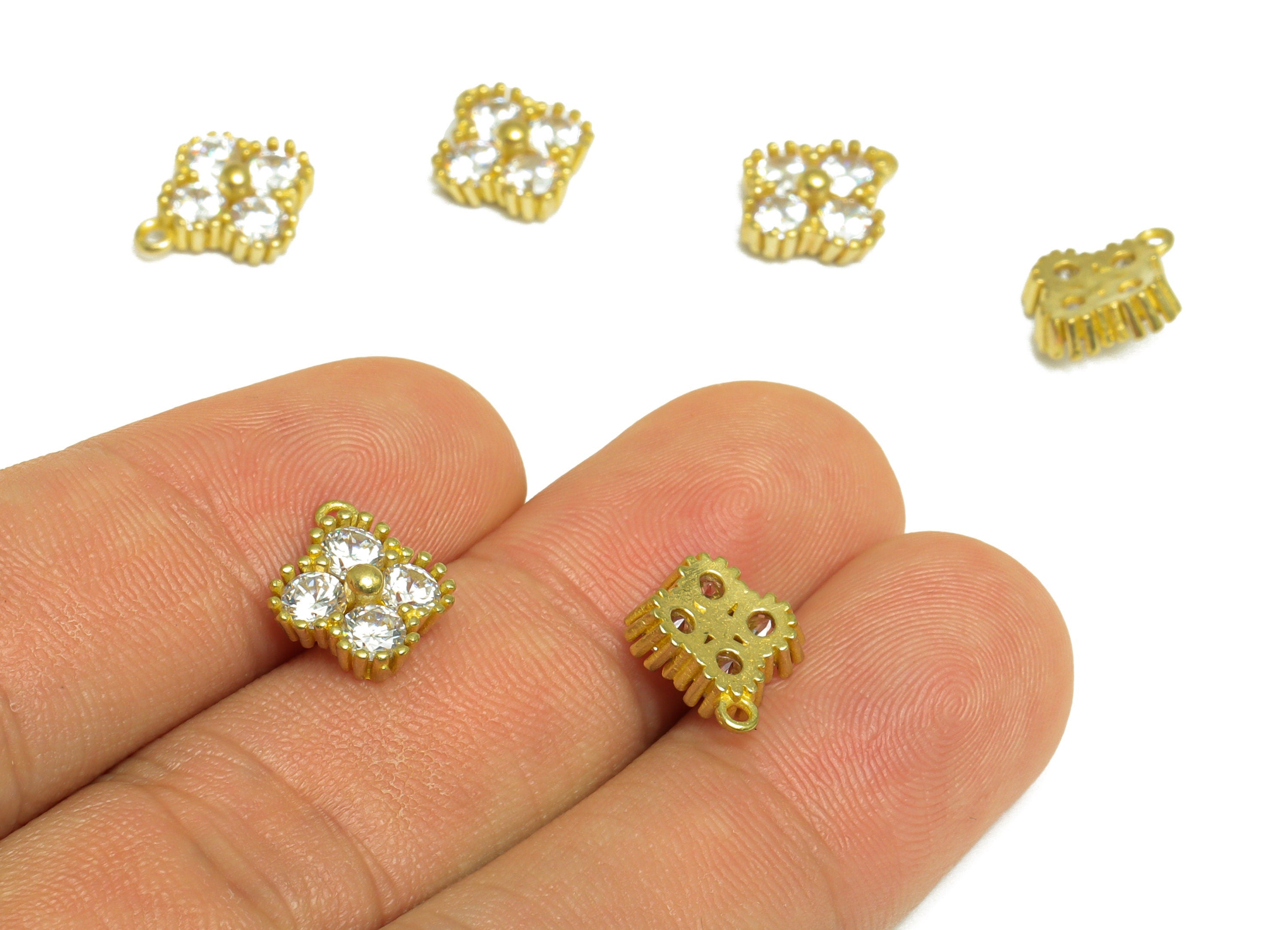 Brass CZ Flower Earring Charm - Raw Brass Cubic Zircon Earring Charm - Brass Diamond Pendant - Bracelet Charm - 12x10.5x4.3mm - PP10064 - DOMEDBAZAAR