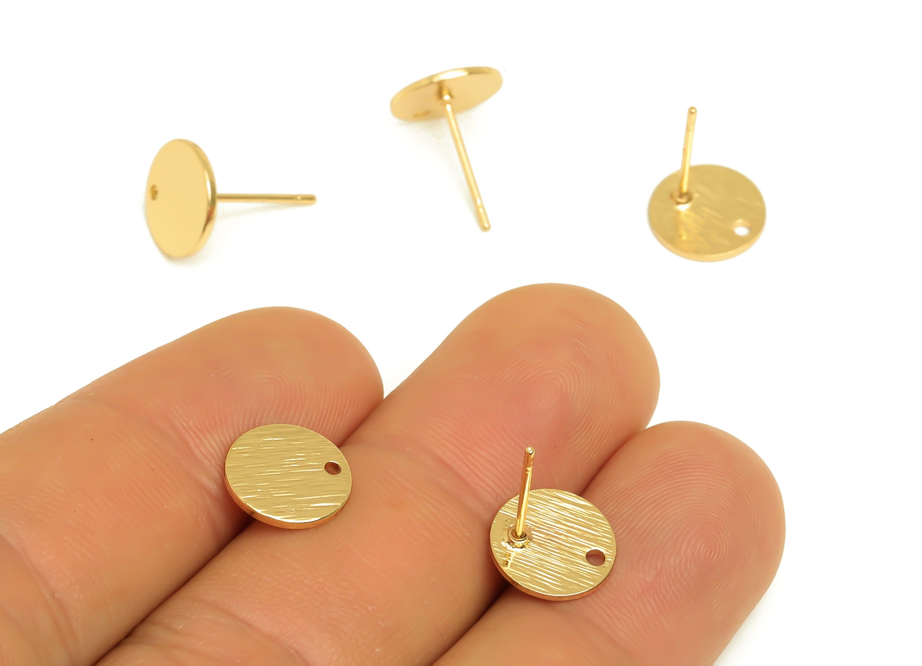 Brass Round Earring Stud - Raw Brass Textured Circle Earring Post - Brass Circle Post With Hole - Kc Gold Tone Plating - 13x10x1mm - PP10441 - DOMEDBAZAAR