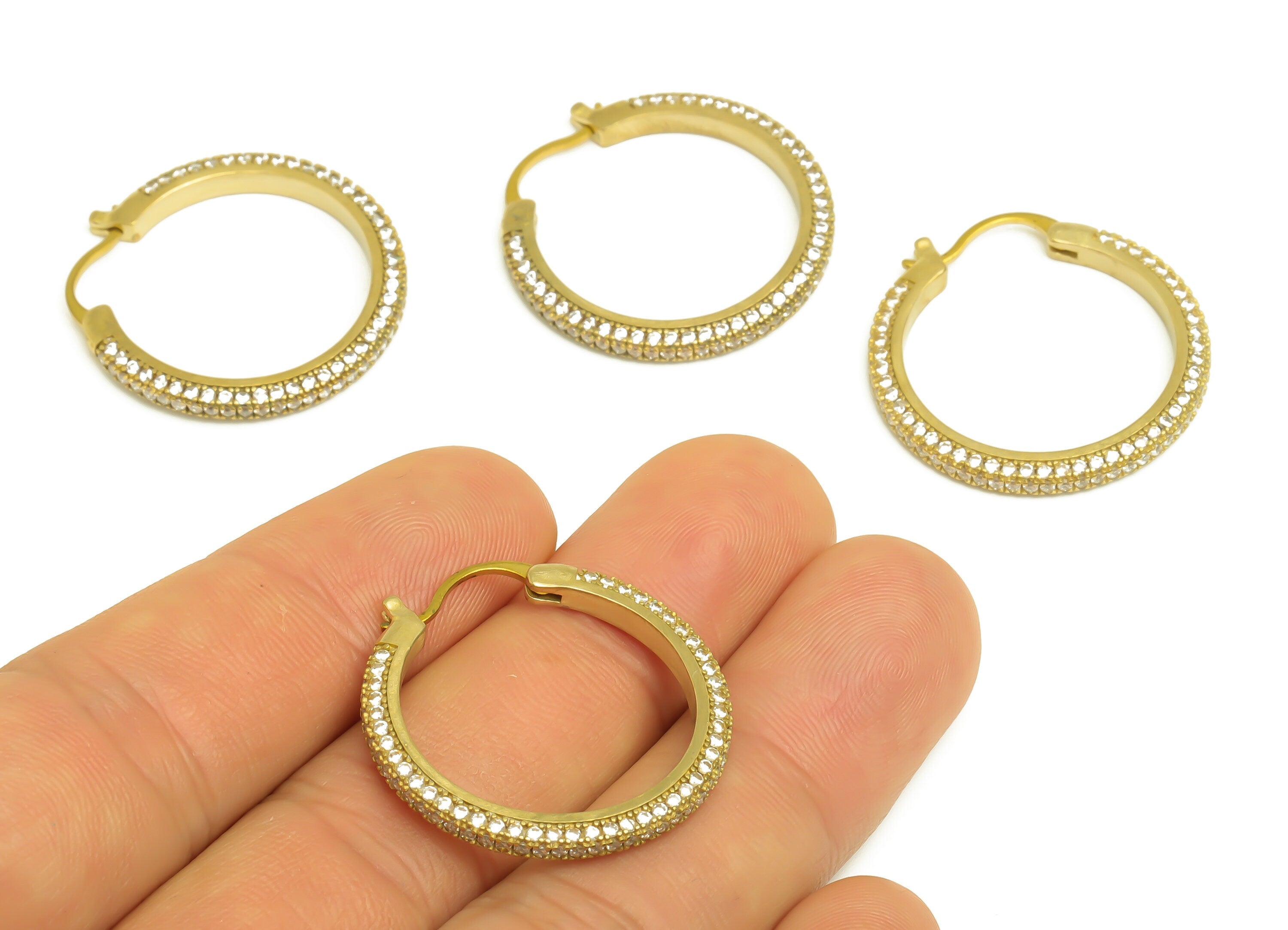 28mm Brass CZ Hoop Earring - Brass Hinged Back Earring - Brass Round Cubic Zircon Earring - CZ Hinged Back Earring - 28x28x2mm - PP10352-28 - DOMEDBAZAAR