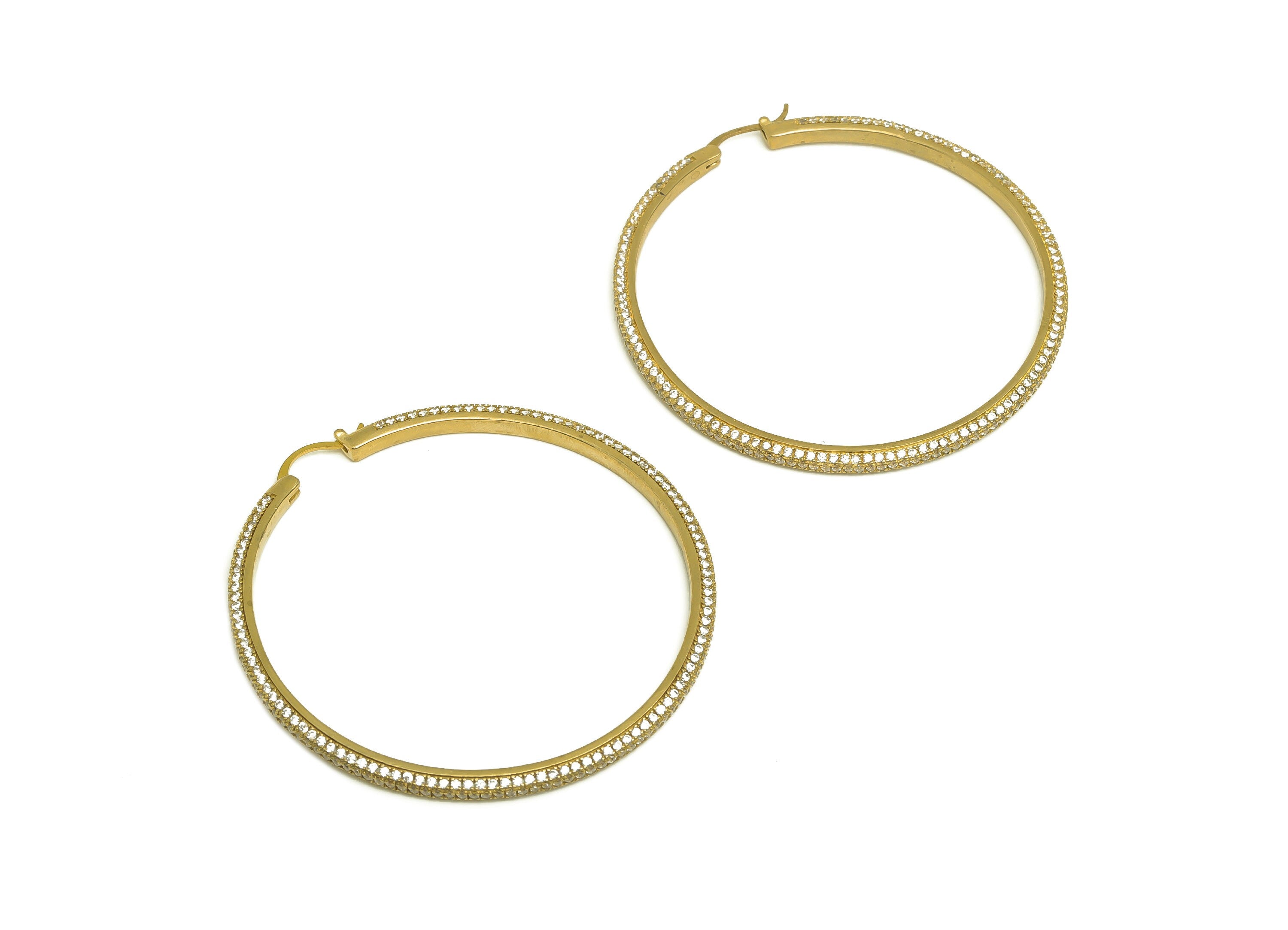 60mm Brass CZ Hoop Earring - Brass Large Hinged Back Earring - Brass Cubic Zircon Earring - CZ Hinged Back Earring - 60x60x3mm - PP10352-60 - DOMEDBAZAAR