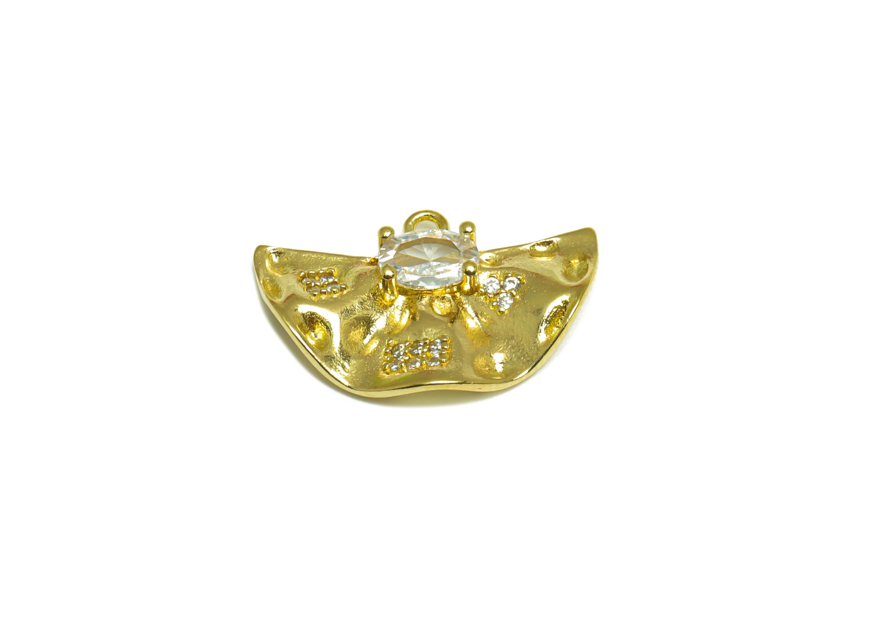 Brass CZ Fan Earring Charm - Raw Brass Wavy Fan Cubic Zircon Earring Charm - Brass Oval Wavy Pendant - 20.4x13.6x3.6mm - PP10073 - DOMEDBAZAAR