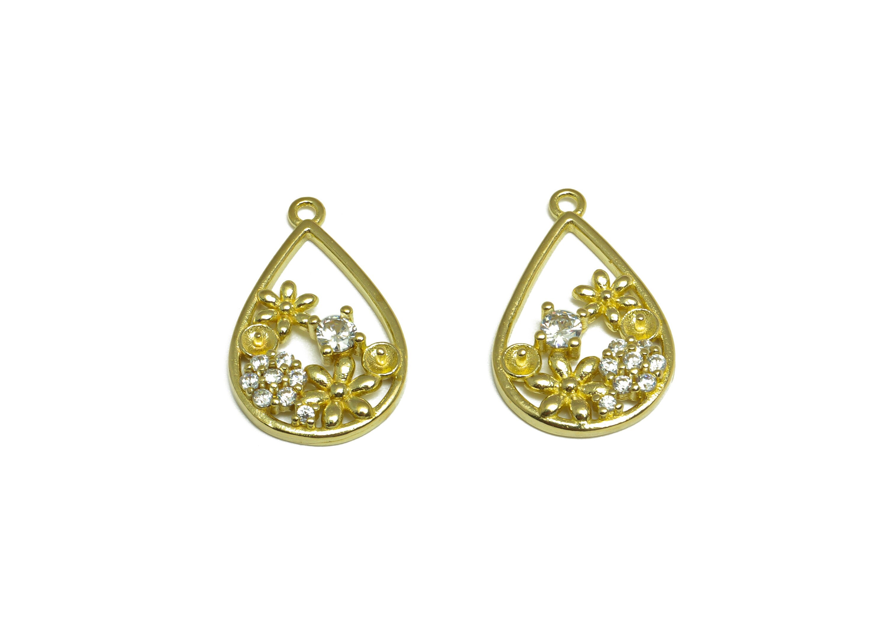 Brass CZ Teardrop Earring Charm - Raw Brass Flower Cubic Zircon Earring Charm - Brass Pearl Setting For Earring Charm - 21x13x3mm - PP10081 - DOMEDBAZAAR