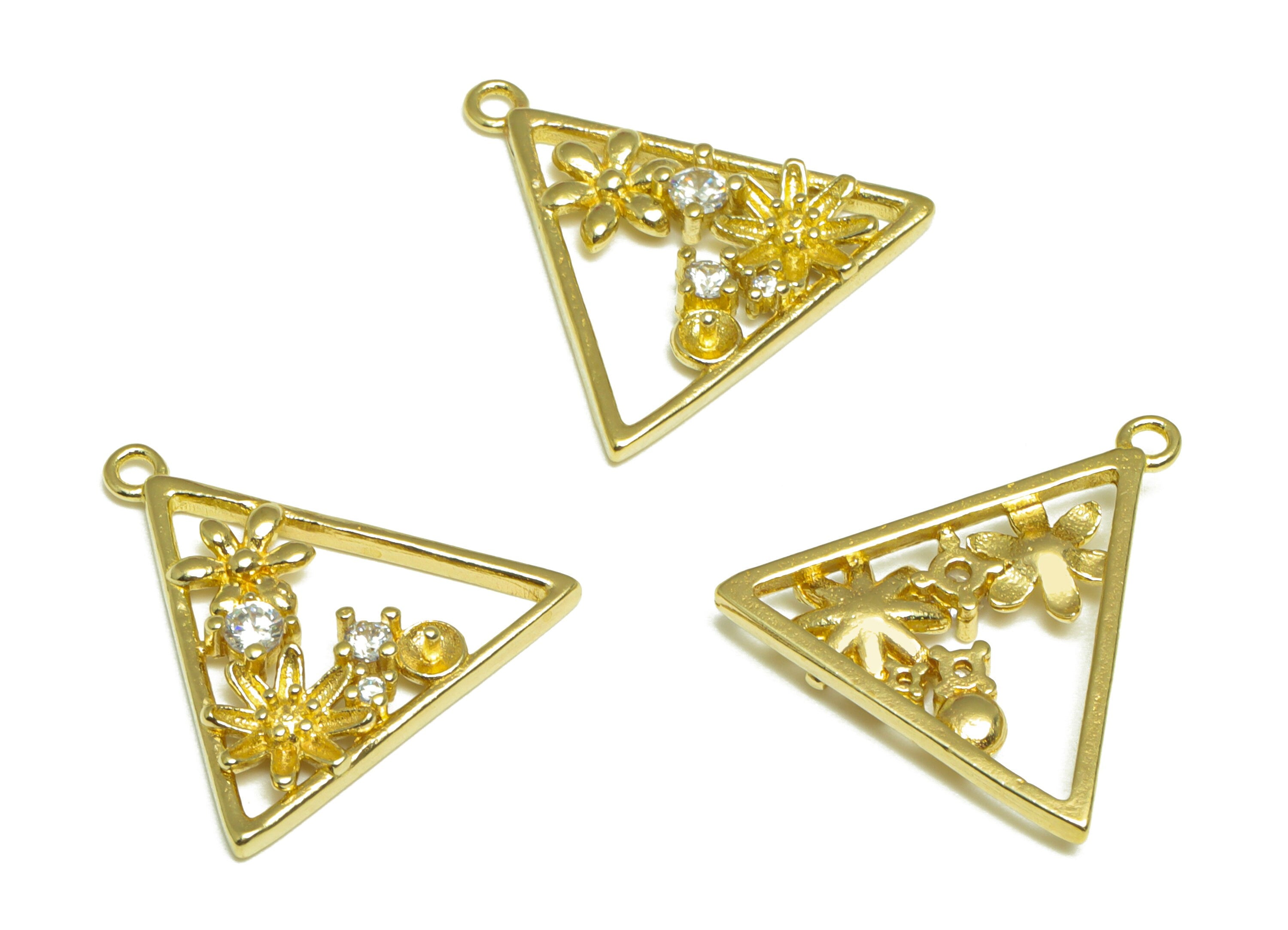 Brass CZ Triangle Earring Charm - Raw Brass Flower Cubic Zircon Earring Charm - Brass Pearl Setting For Earring Charm - 19x19x2mm - PP10083 - DOMEDBAZAAR