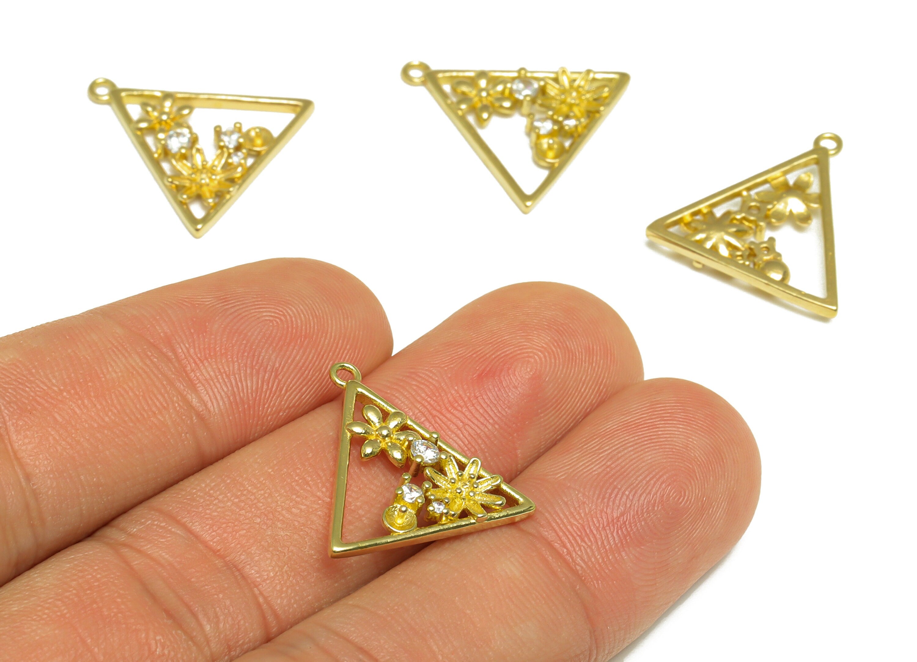 Brass CZ Triangle Earring Charm - Raw Brass Flower Cubic Zircon Earring Charm - Brass Pearl Setting For Earring Charm - 19x19x2mm - PP10083 - DOMEDBAZAAR