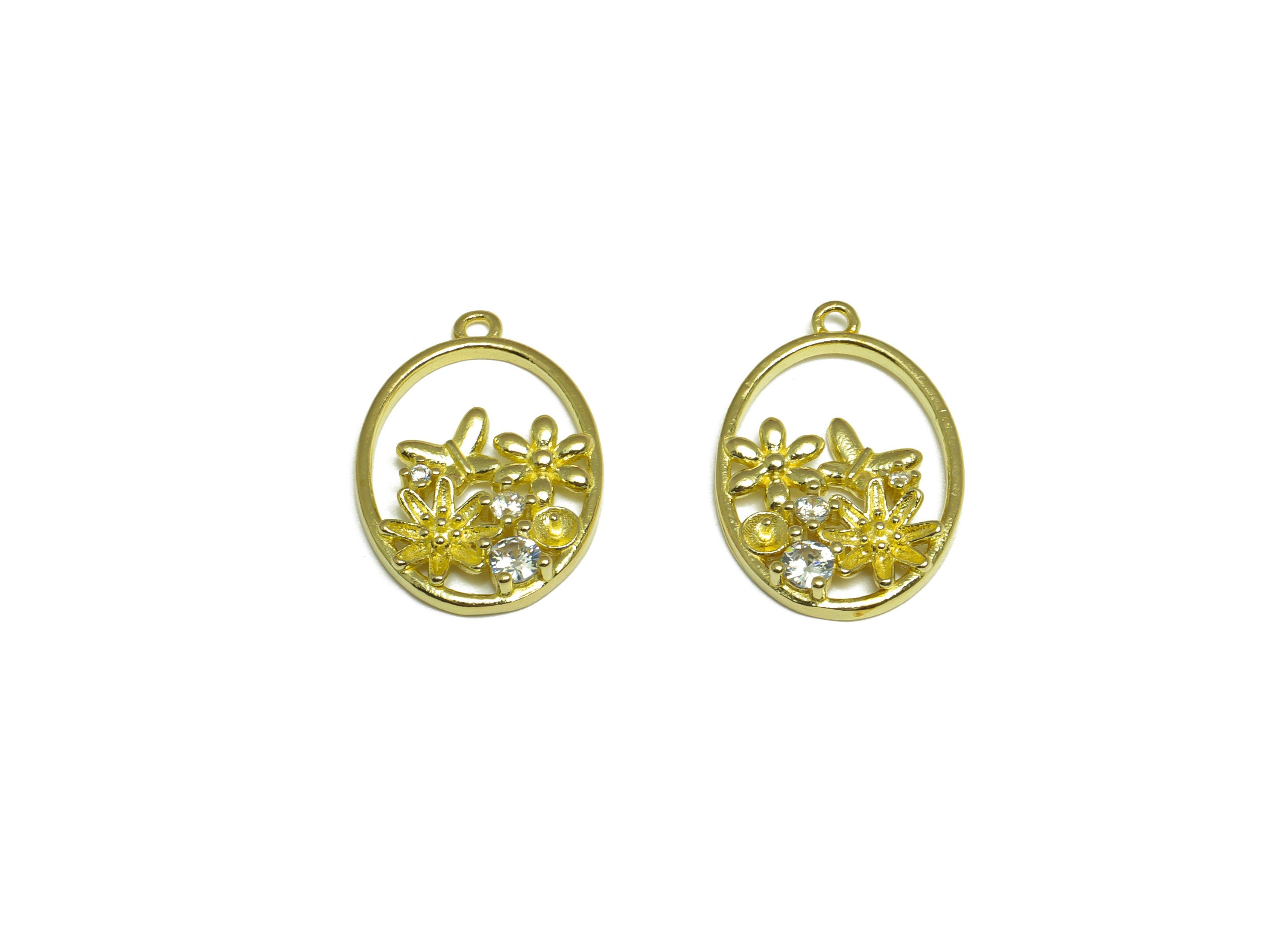 Brass CZ Oval Earring Charm - Raw Brass Flower Cubic Zircon Earring Charm - Brass Pearl Setting For Earring Charm - 20.8x14x2.6mm - PP10082 - DOMEDBAZAAR