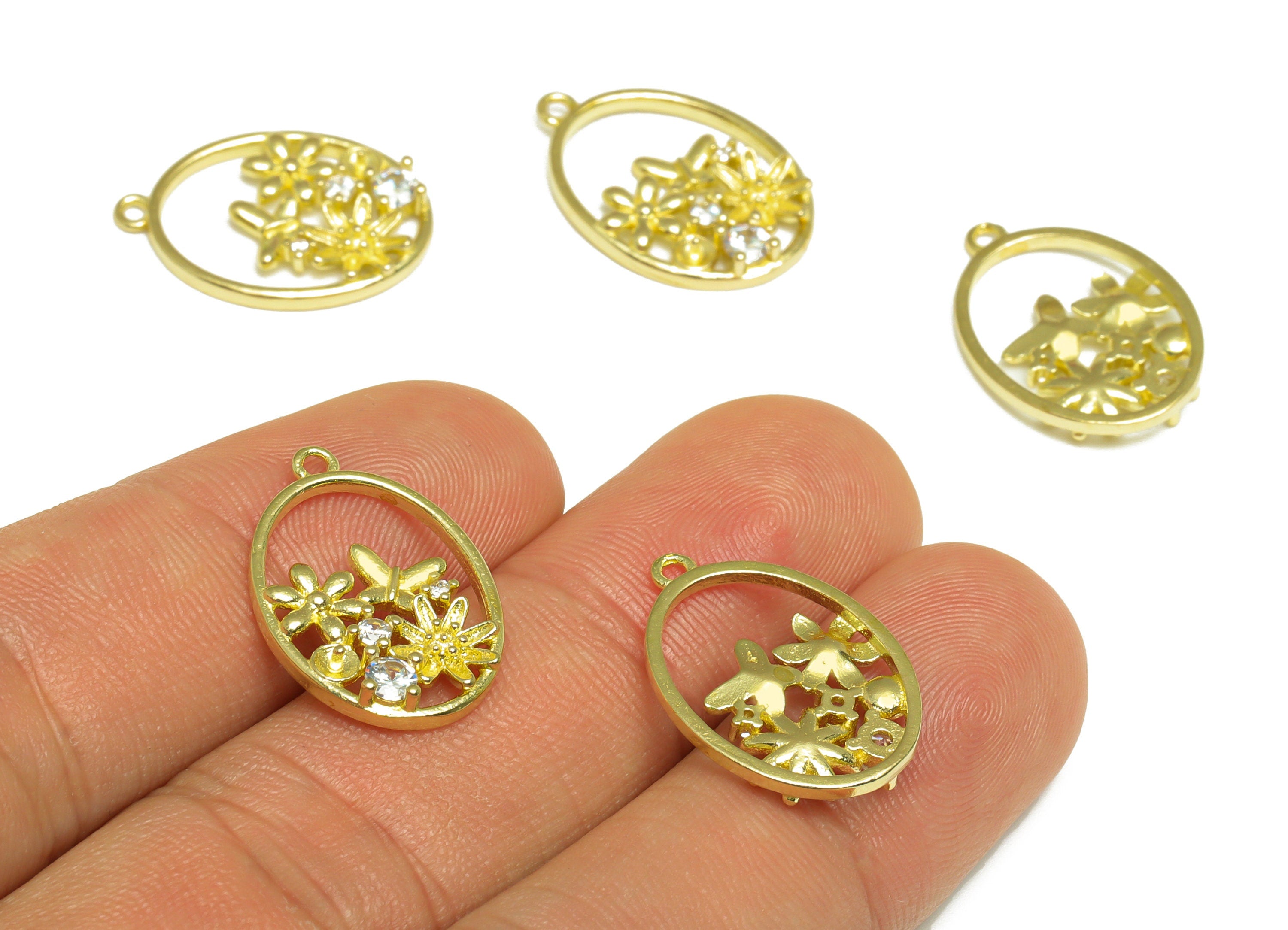 Brass CZ Oval Earring Charm - Raw Brass Flower Cubic Zircon Earring Charm - Brass Pearl Setting For Earring Charm - 20.8x14x2.6mm - PP10082 - DOMEDBAZAAR