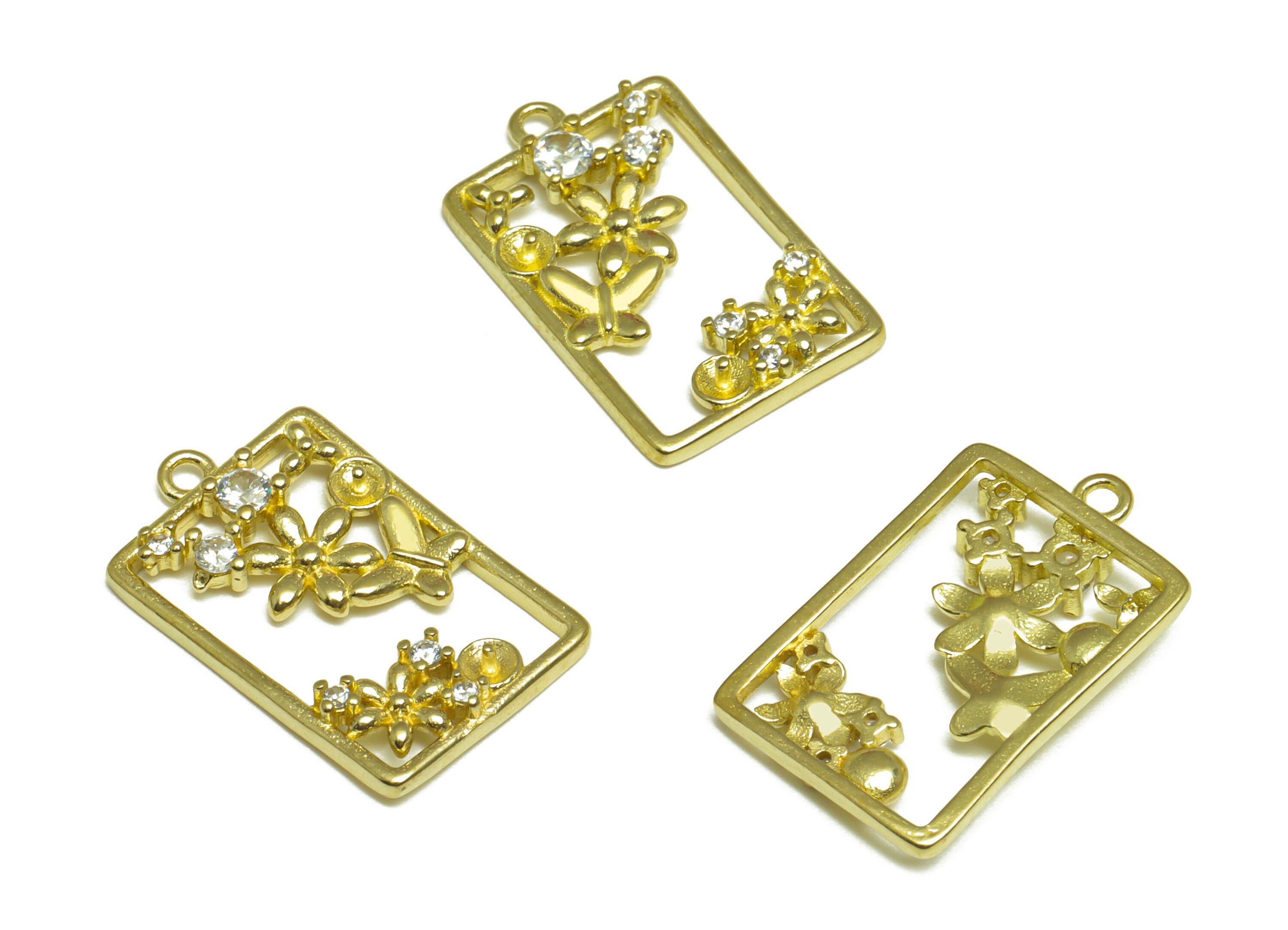 Brass CZ Rectangle Earring Charm - Raw Brass Flower Cubic Zircon Earring Charm - Brass Pearl Setting For Earring Charm - 21x13x3mm - PP10079 - DOMEDBAZAAR
