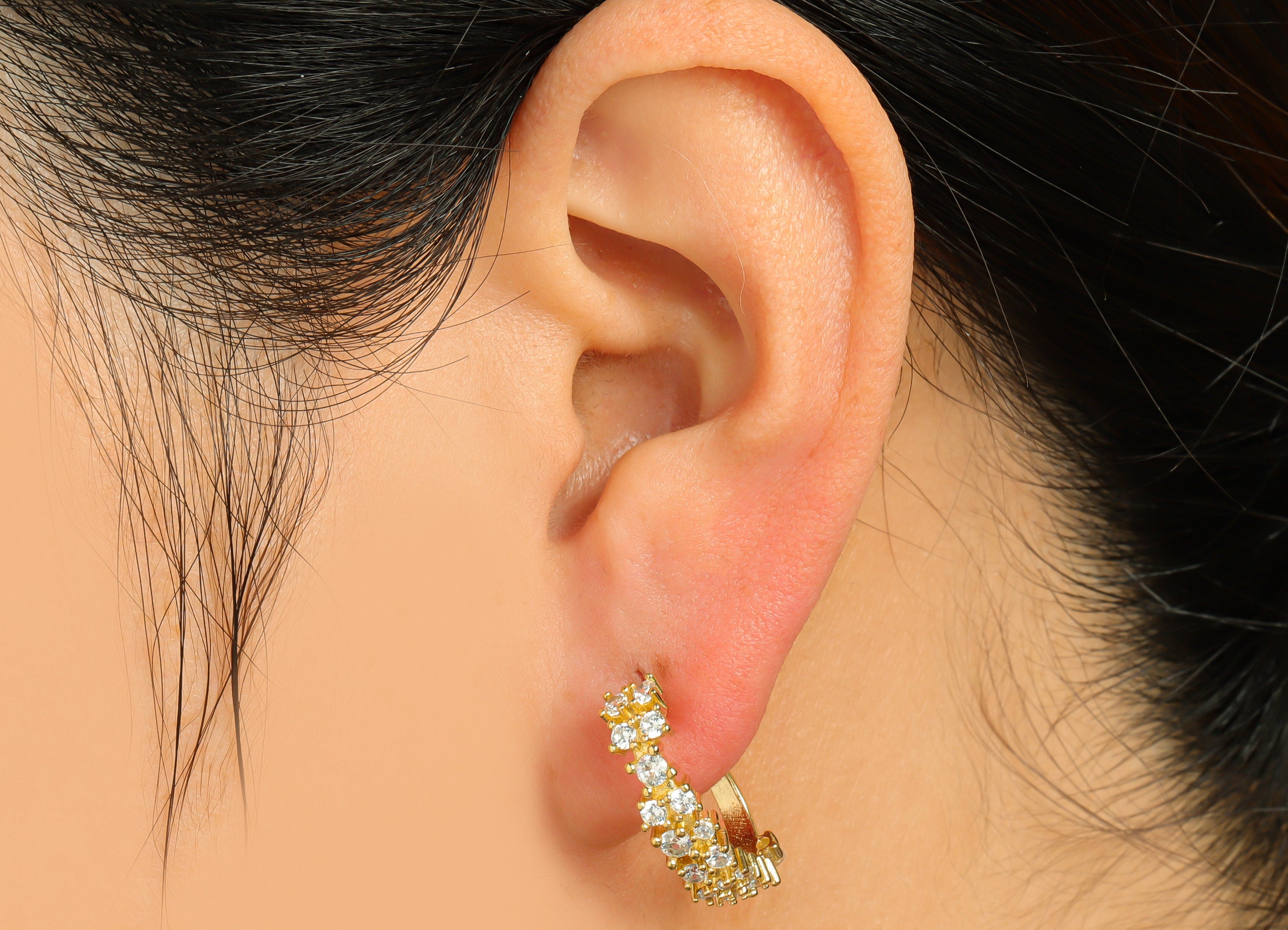 Brass CZ Long Bead Ear Clip - Raw Brass Ear Clip Cubic Zircon - Brass Cubic Earring Cuff - Mini Round Zircon Cuff Ear - 22x15x5mm - PP10116 - DOMEDBAZAAR