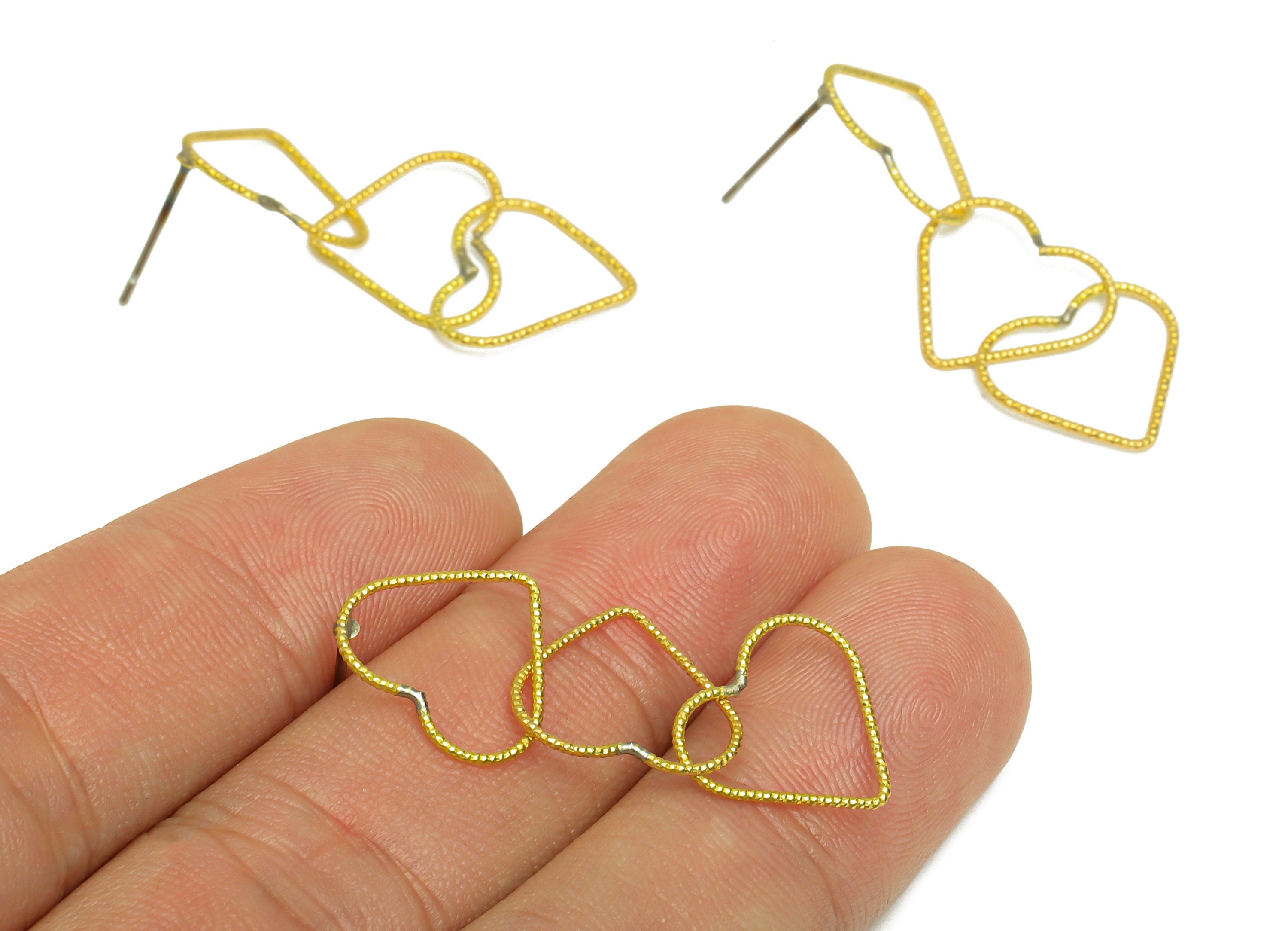 Brass Heart Textured Earring Post - Raw Brass Dangle Heart Earring Post - Interlock Earring Post - Heart Steel Stud - 33x14.3x0.7mm -PP10061 - DOMEDBAZAAR