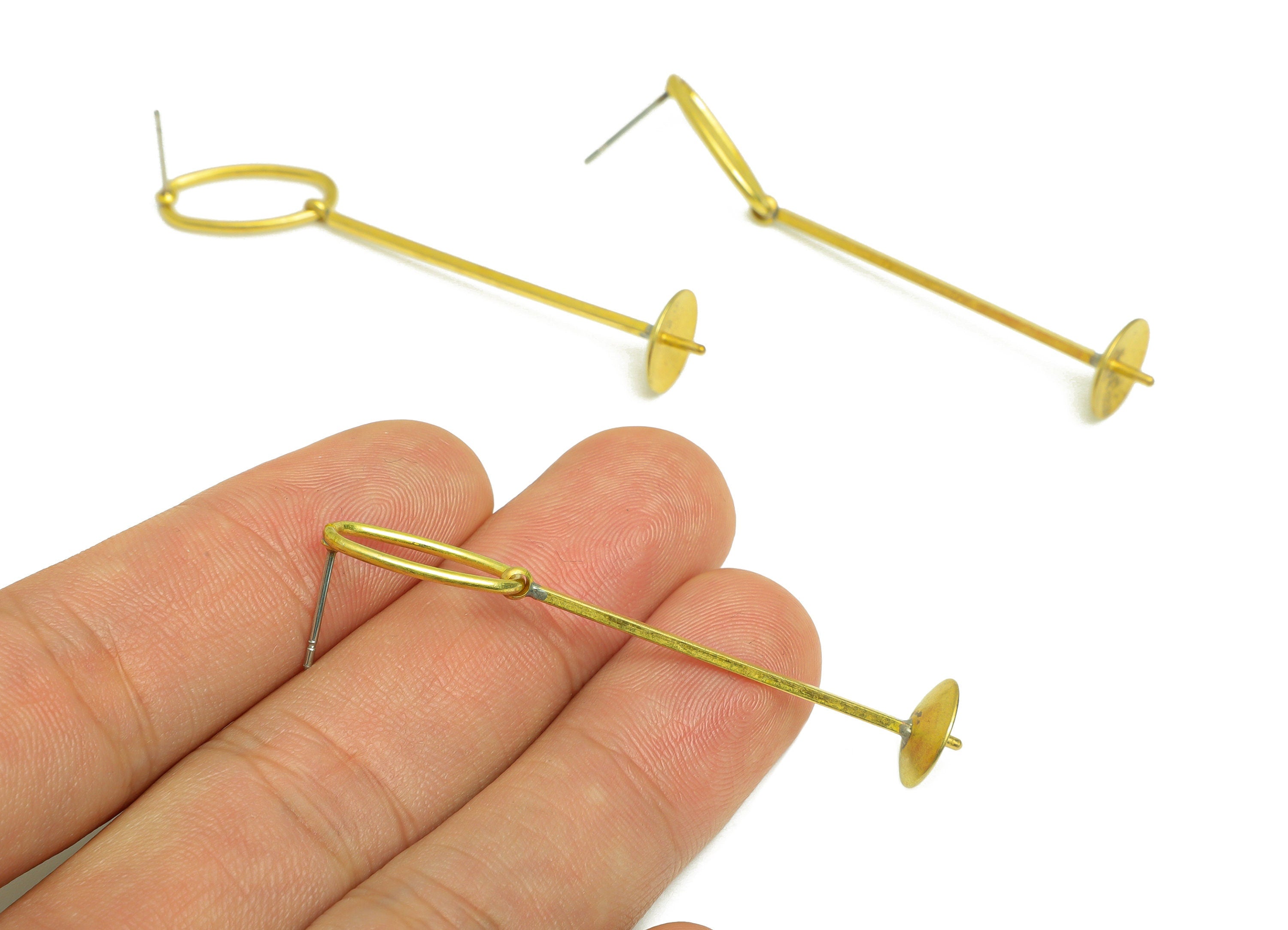 Brass Oval Earring Post - Raw Brass Stick Dangle Earring Stud - Interlock Dangle Earring Post - Steel Post For Pearl - 59x16.6x1mm - PP10378 - DOMEDBAZAAR