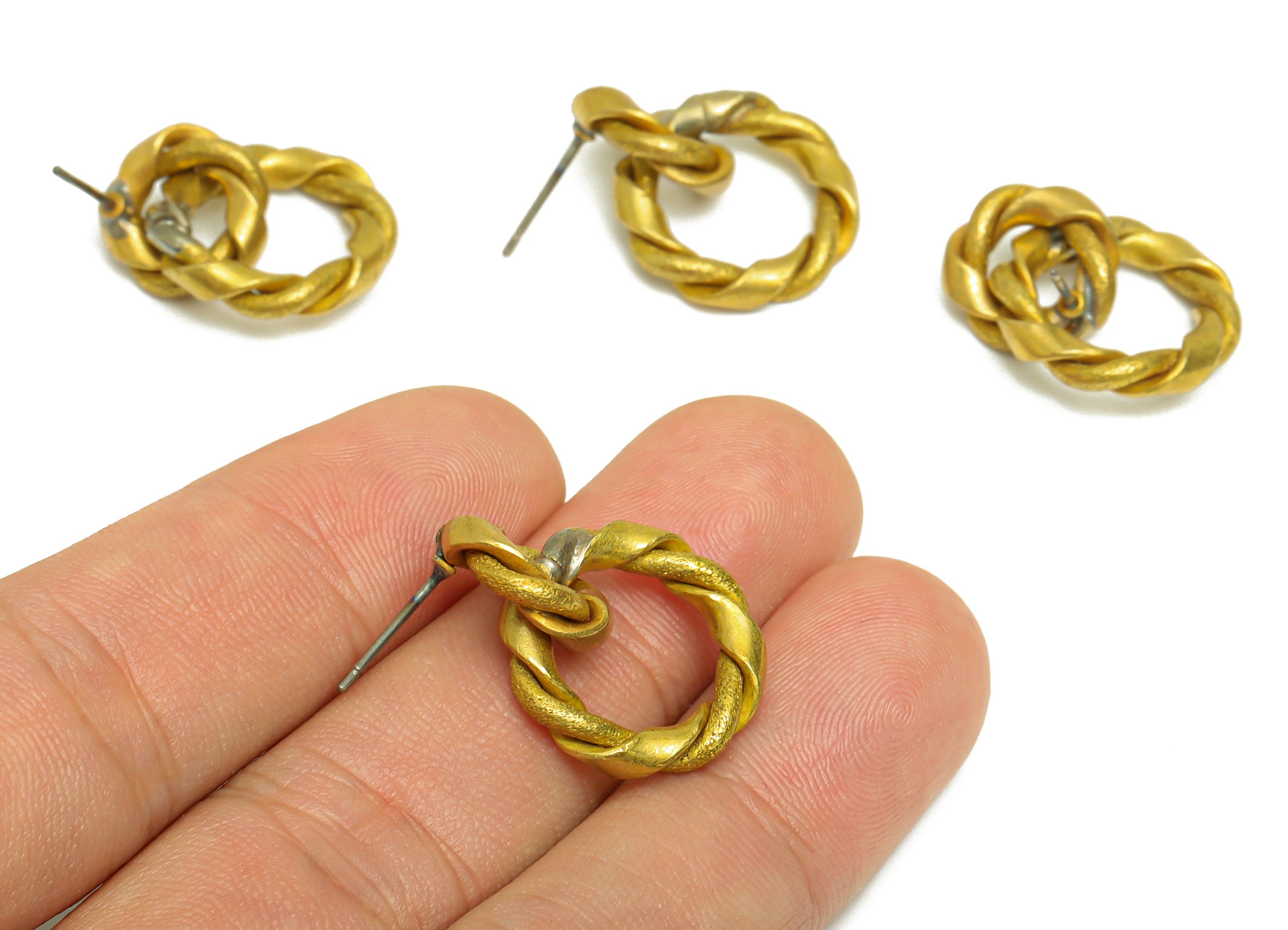 Brass Round Earring Post - Raw Brass Curved Dangle Earring Stud - Brass Weave Twisted Earring Post - Brass Steel Stud - 24x18x3mm - PP10377 - DOMEDBAZAAR