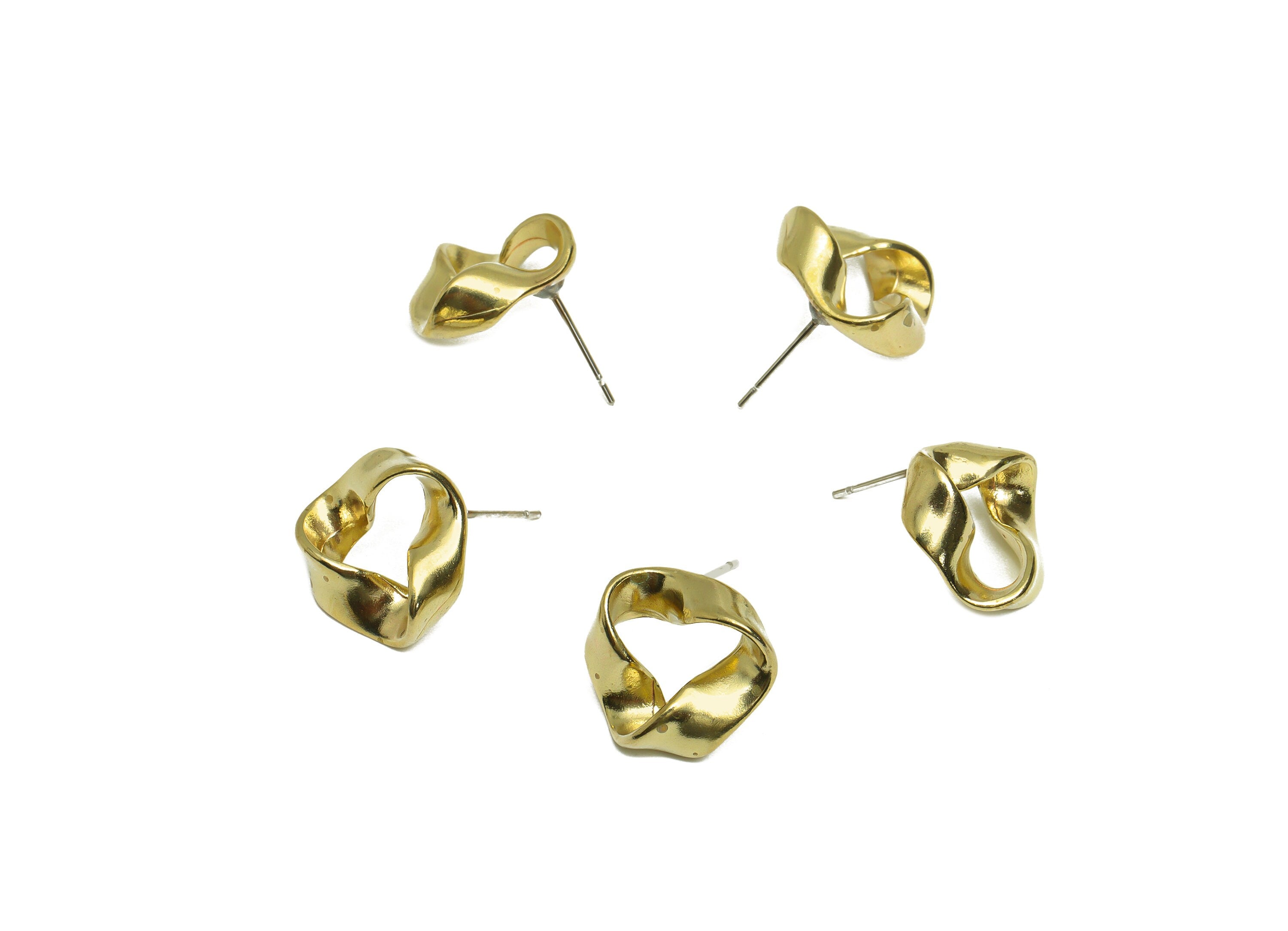 Brass Wavy Earrings Studs - Raw Brass Twisted Earring Post - Brass Fold Bent Earring Post - Brass Steel Stud - 15.5x15.5x5.6mm - PP10354 - DOMEDBAZAAR