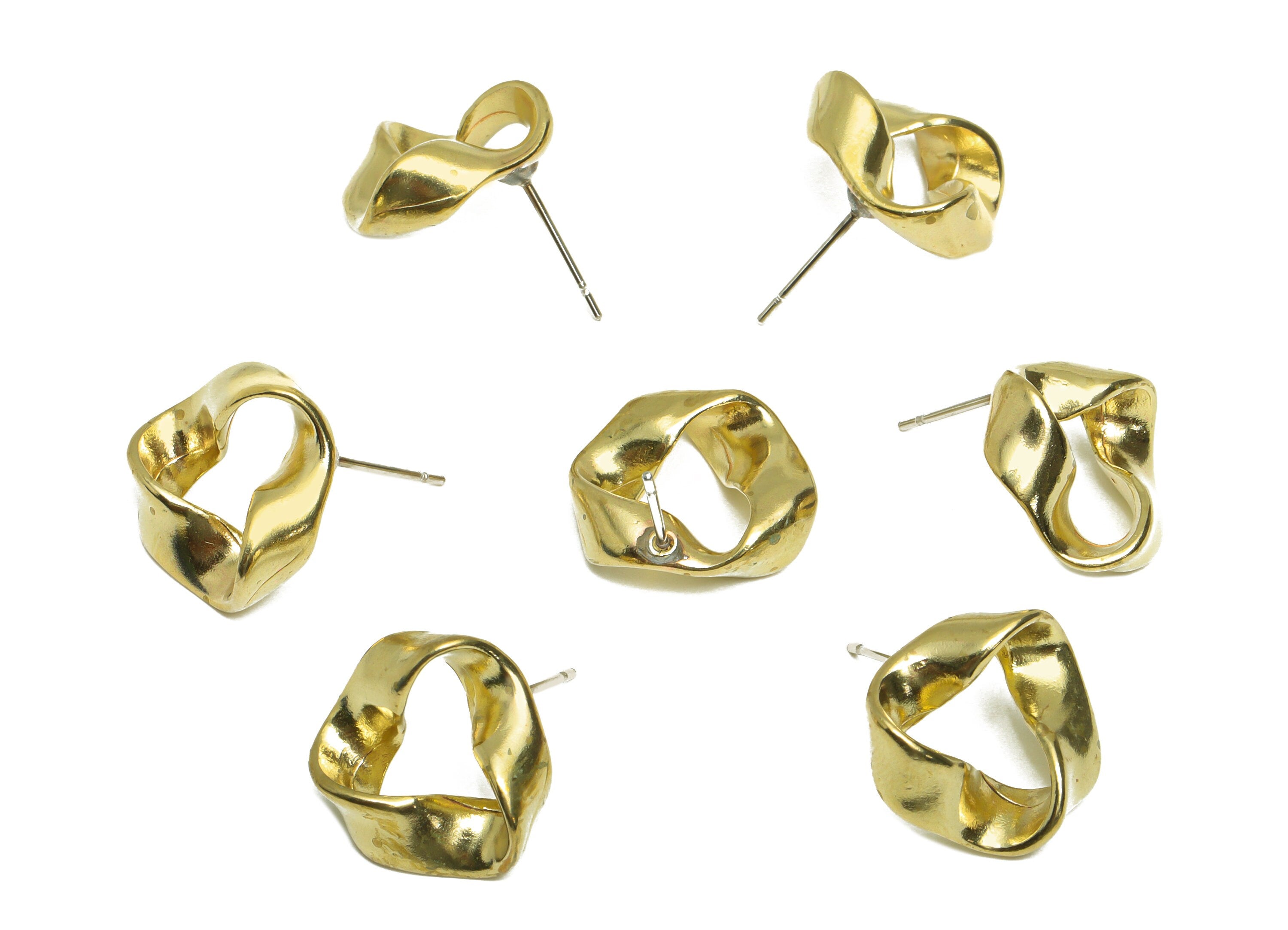 Brass Wavy Earrings Studs - Raw Brass Twisted Earring Post - Brass Fold Bent Earring Post - Brass Steel Stud - 15.5x15.5x5.6mm - PP10354 - DOMEDBAZAAR