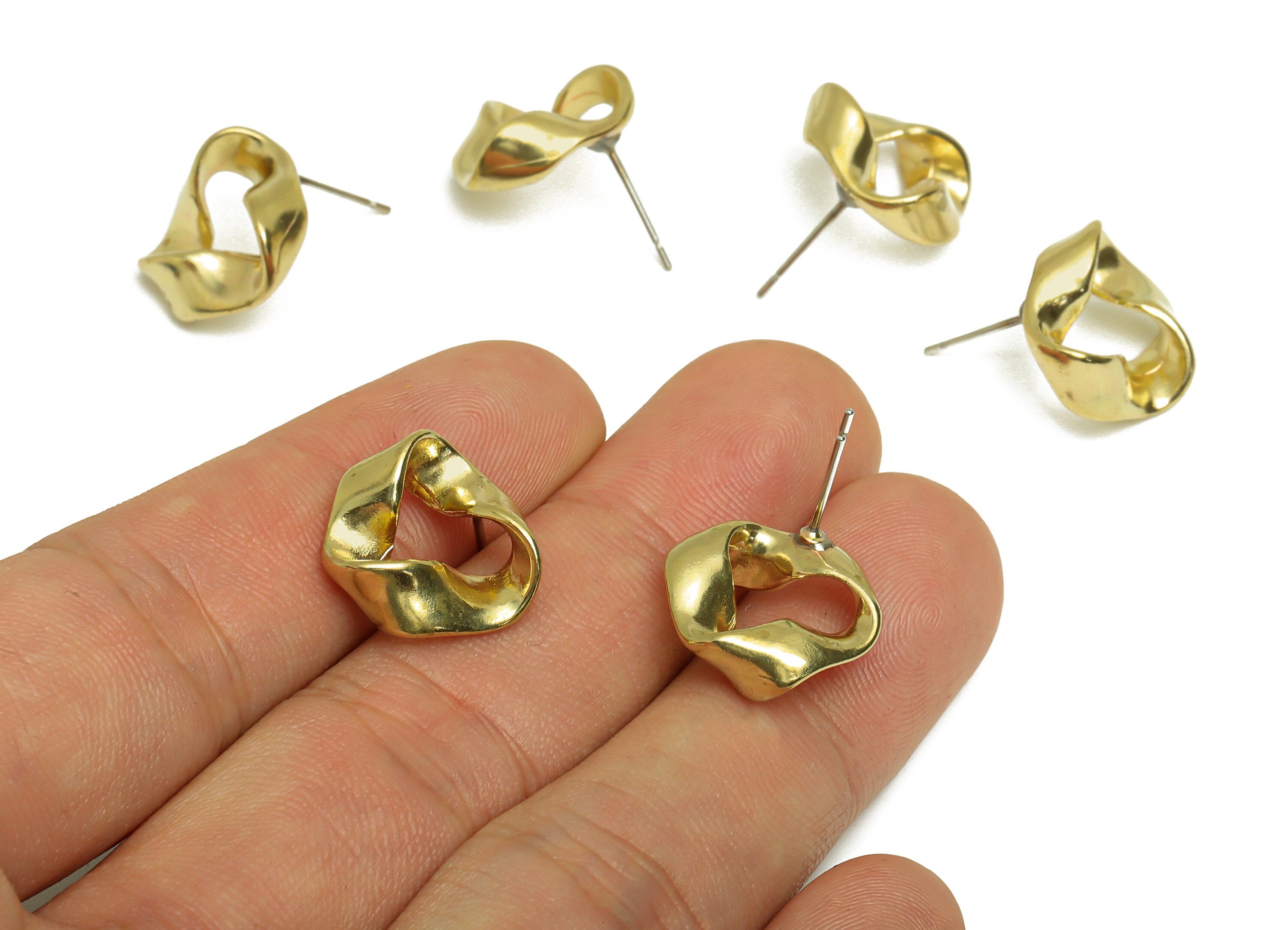 Brass Wavy Earrings Studs - Raw Brass Twisted Earring Post - Brass Fold Bent Earring Post - Brass Steel Stud - 15.5x15.5x5.6mm - PP10354 - DOMEDBAZAAR