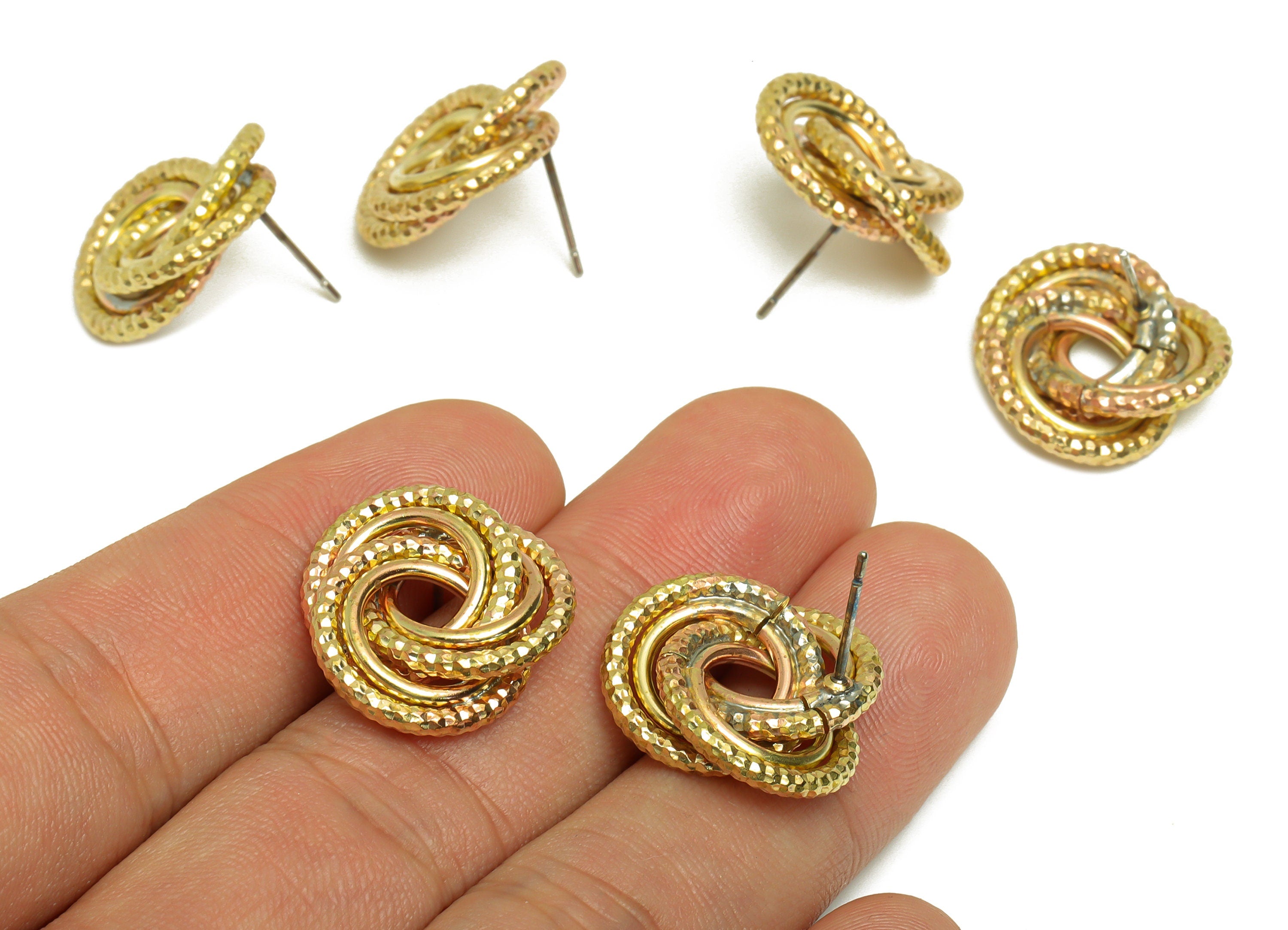 Brass Interwoven Earring Post - Raw Brass Woven Ring Earring Stud - Cross Rings Earring Post - Textured Twisted Post - 19x17x4.3mm - PP10385 - DOMEDBAZAAR