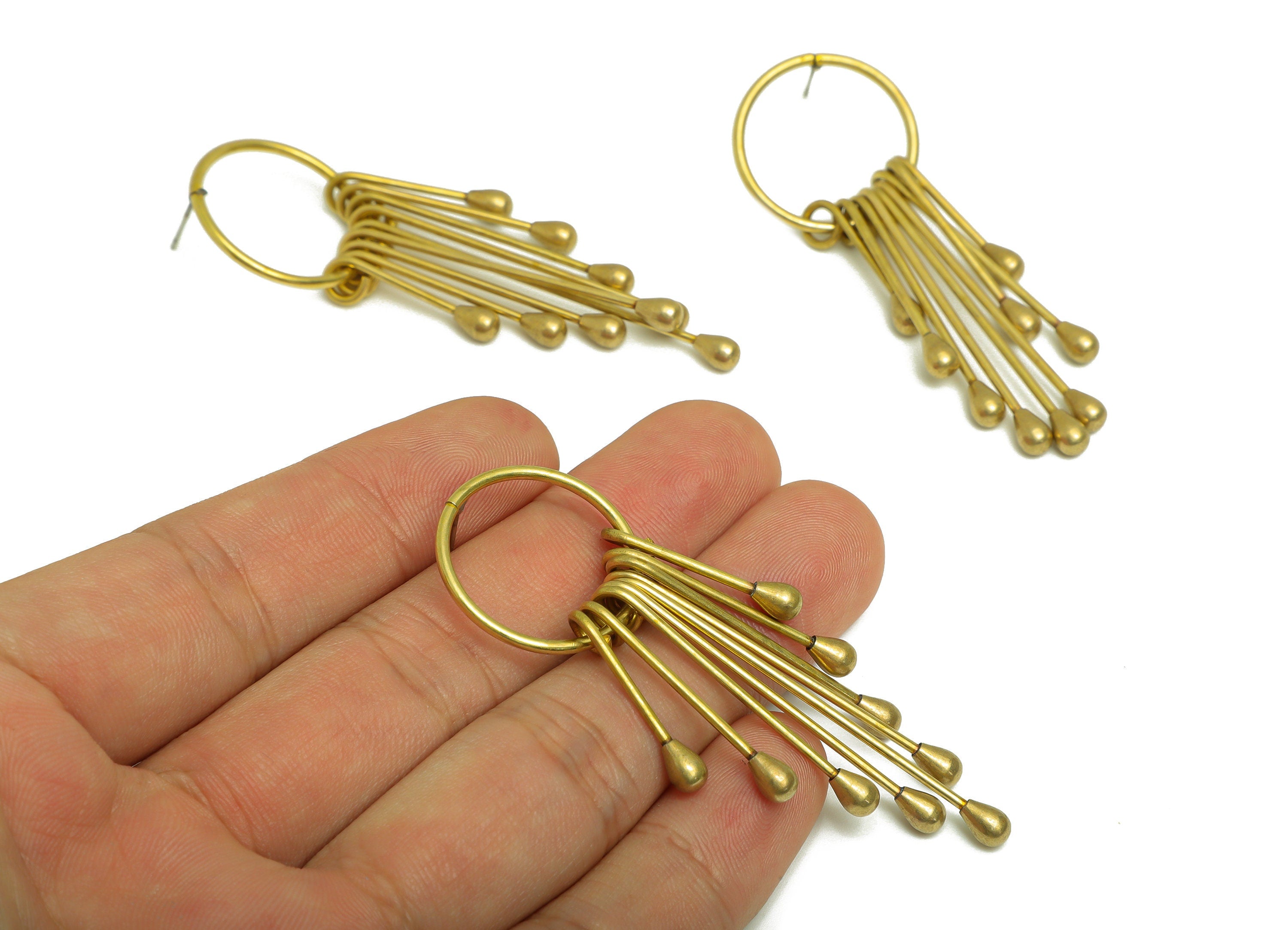 Hammered Wire Tassel Earring Post - Brass Textured Wire Drop Earring Stud - 9 Wire Earring Post - Dangle Tassel Post - 66x22x3.8mm - PP10398 - DOMEDBAZAAR