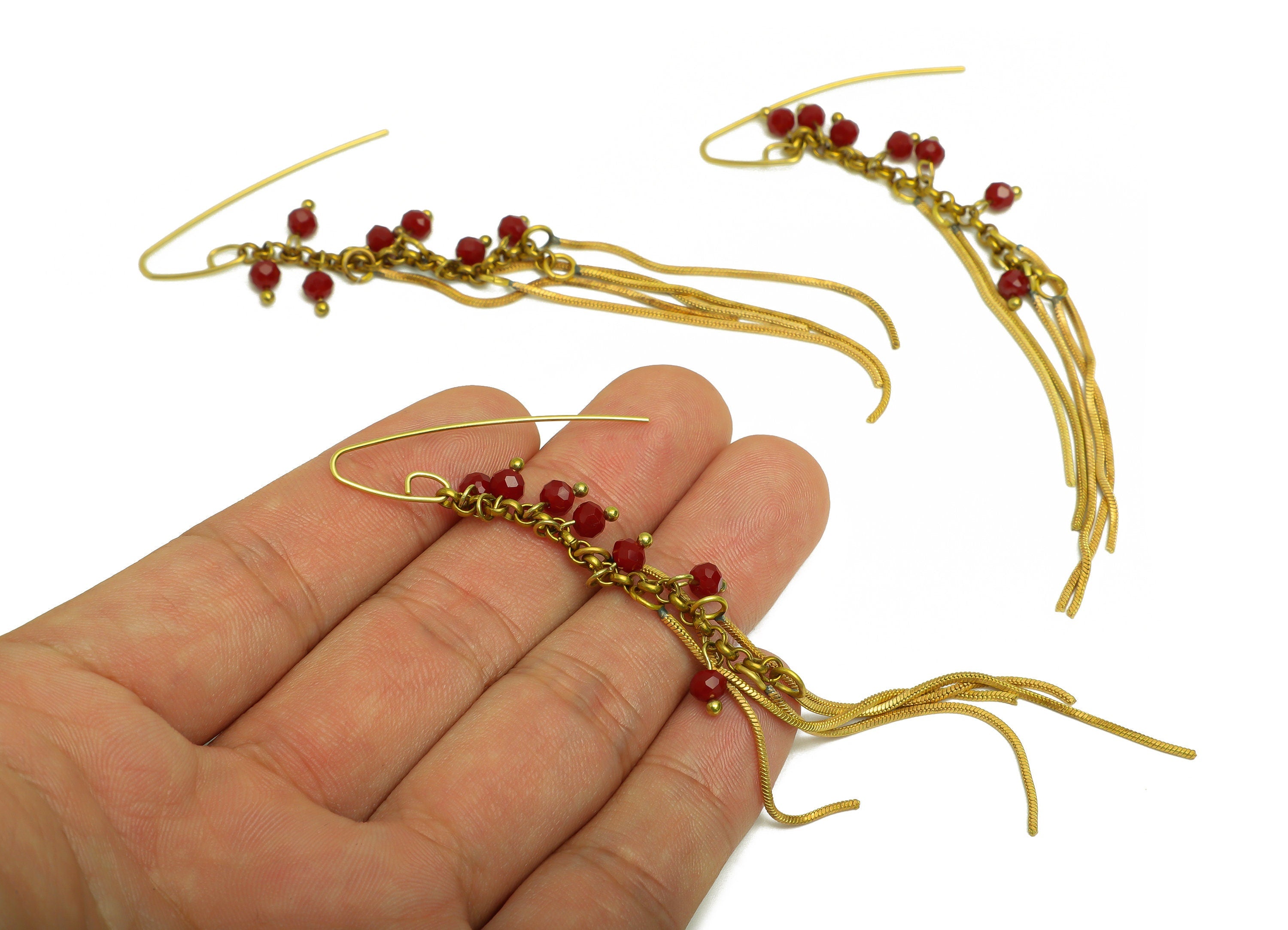 Brass Chain CZ Ear Wire - Brass Red Bead Earring Hook - Brass Cubic Zircon Earring Hook - Snake Chain Hook Earring - 114x11x4mm - PP10401 - DOMEDBAZAAR
