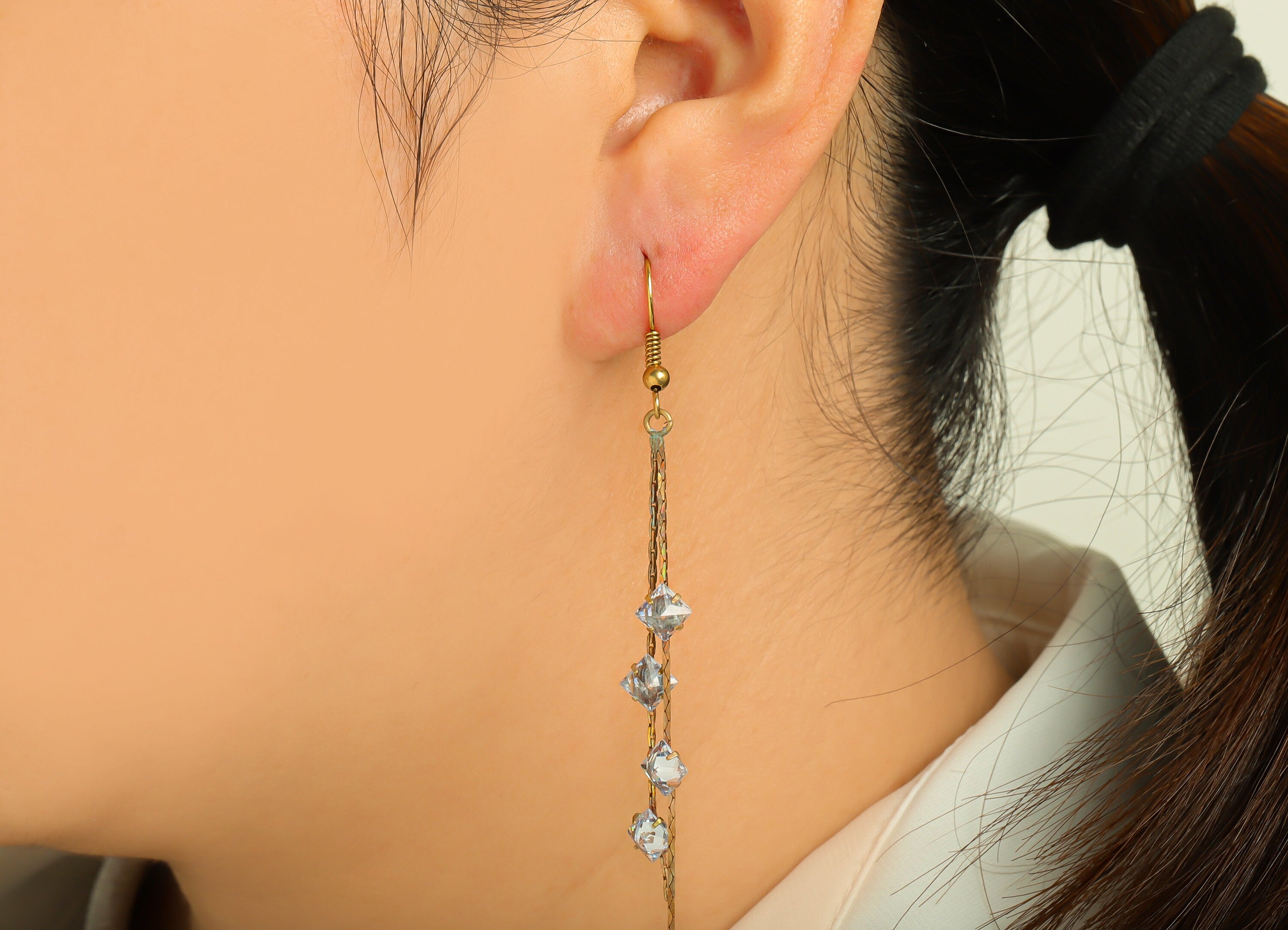 Brass Diamond Bead Ear Wire - Brass Chain Earring Hook - Brass Cubic Zircon Wire Hook - Brass Tassel Hook Earring - 83x6.4x4mm - PP10397 - DOMEDBAZAAR