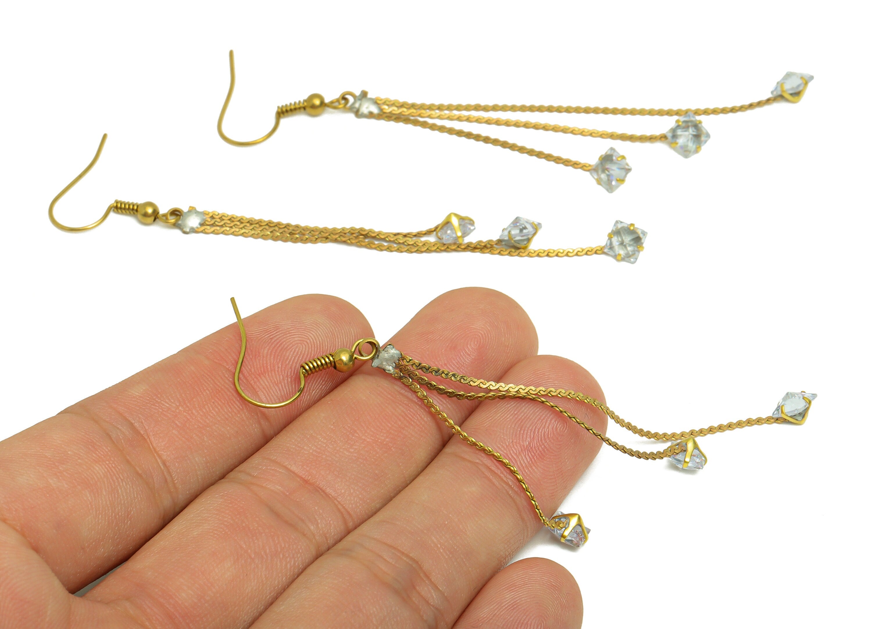 Brass Diamond Bead Ear Wire - Brass Chain Earring Hook - Brass Cubic Zircon Wire Hook - Brass Tassel Hook Earring - 86x6.8x 4.2mm - PP10396 - DOMEDBAZAAR