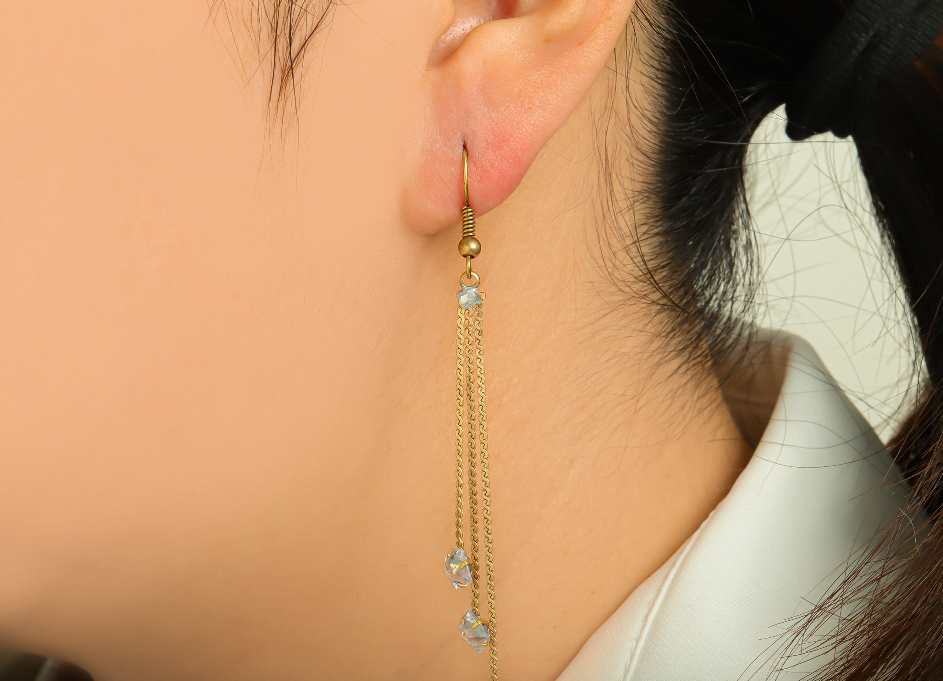 Brass Diamond Bead Ear Wire - Brass Chain Earring Hook - Brass Cubic Zircon Wire Hook - Brass Tassel Hook Earring - 86x6.8x 4.2mm - PP10396 - DOMEDBAZAAR