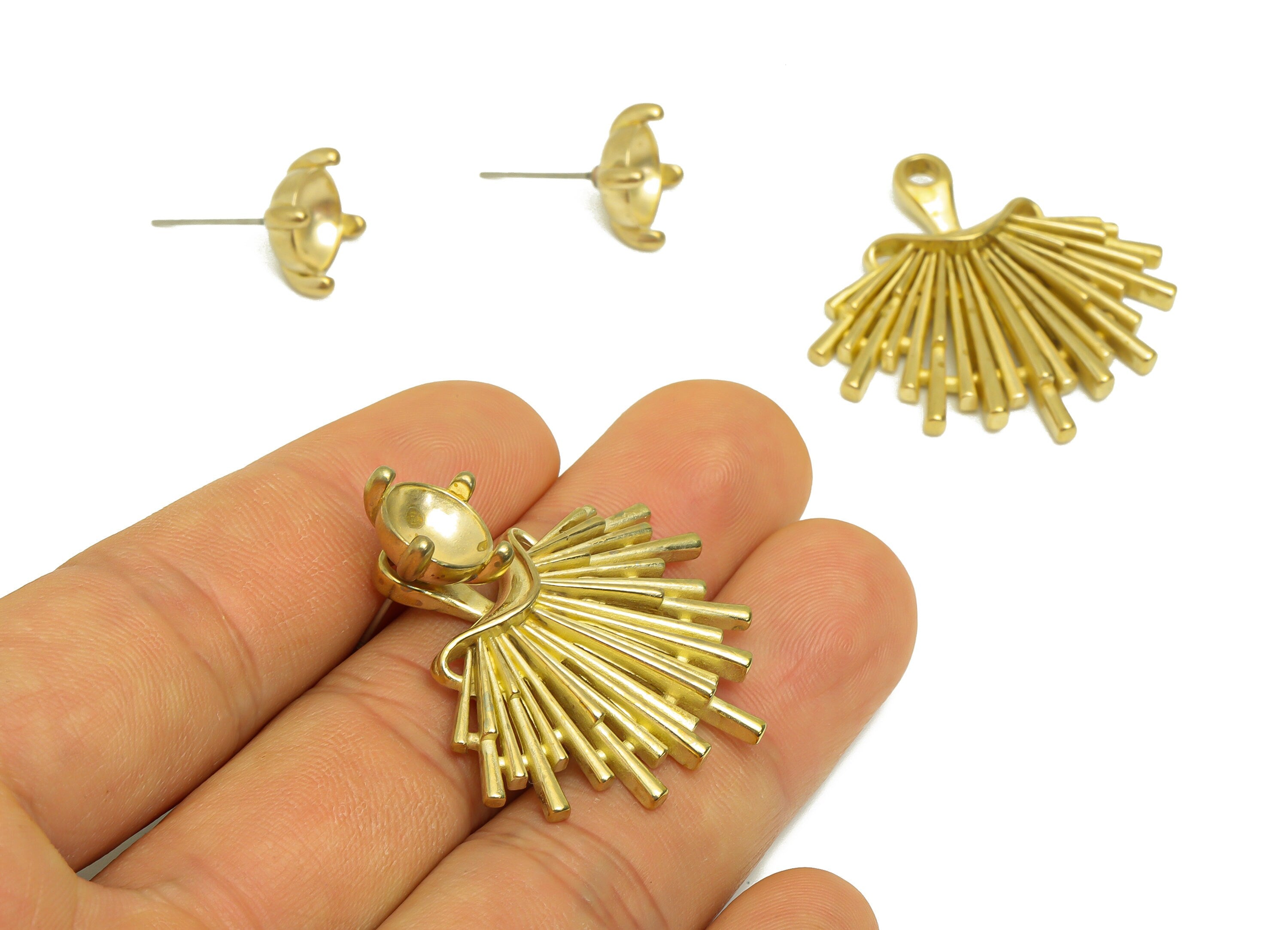Brass Fan Earring Post - Raw Brass Round Earring Post For Diamond - Brass CZ Pearl Setting Dangle Earring - Steel Stud - 35x34x4mm - PP10139 - DOMEDBAZAAR