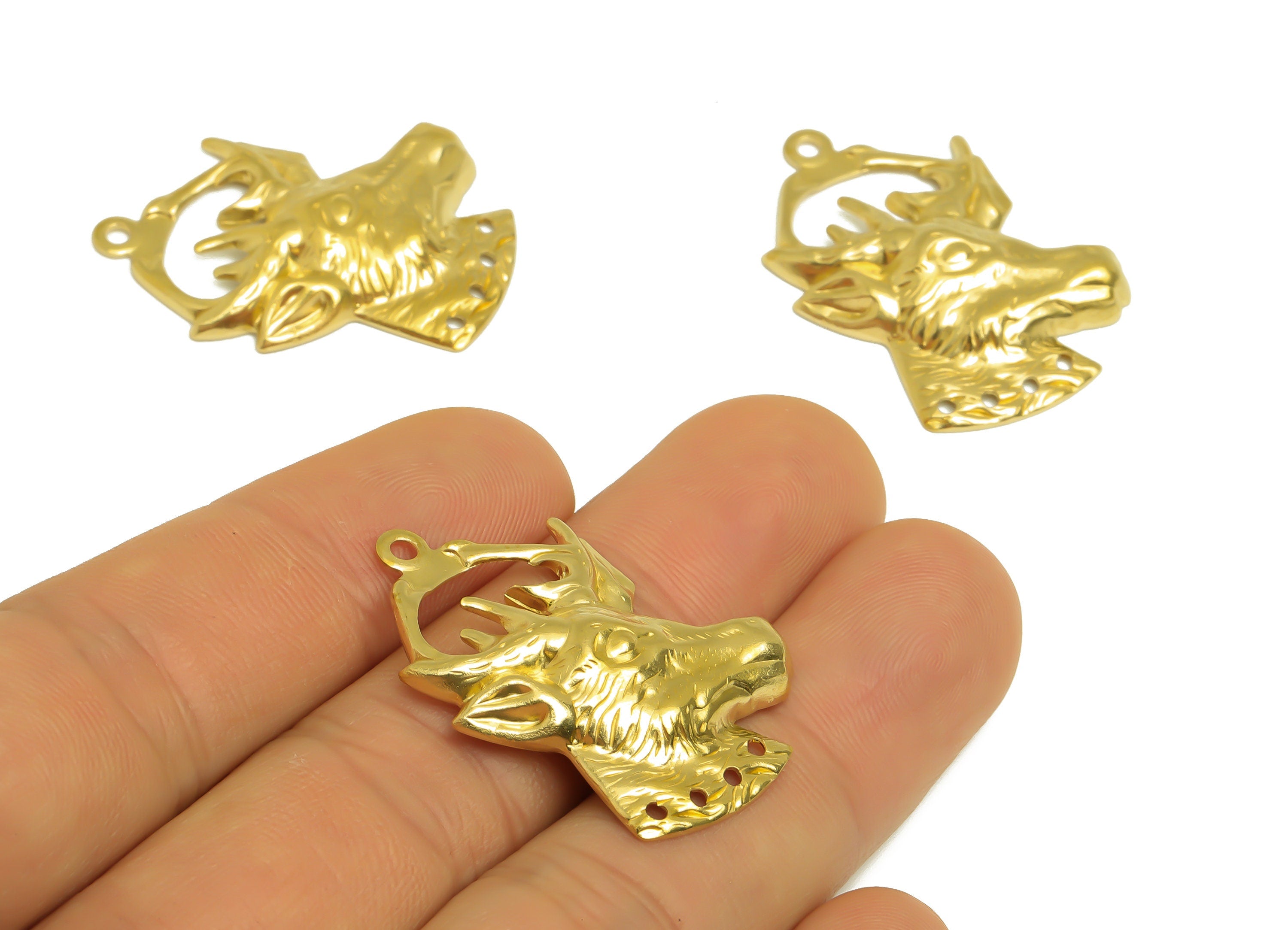 Brass Deer Earring Charm - Brass Deer Earring Connector - Textured Deer Vintage Earring Charm - Vintage Charm - 34x25x4.6mm - PP10430 - DOMEDBAZAAR