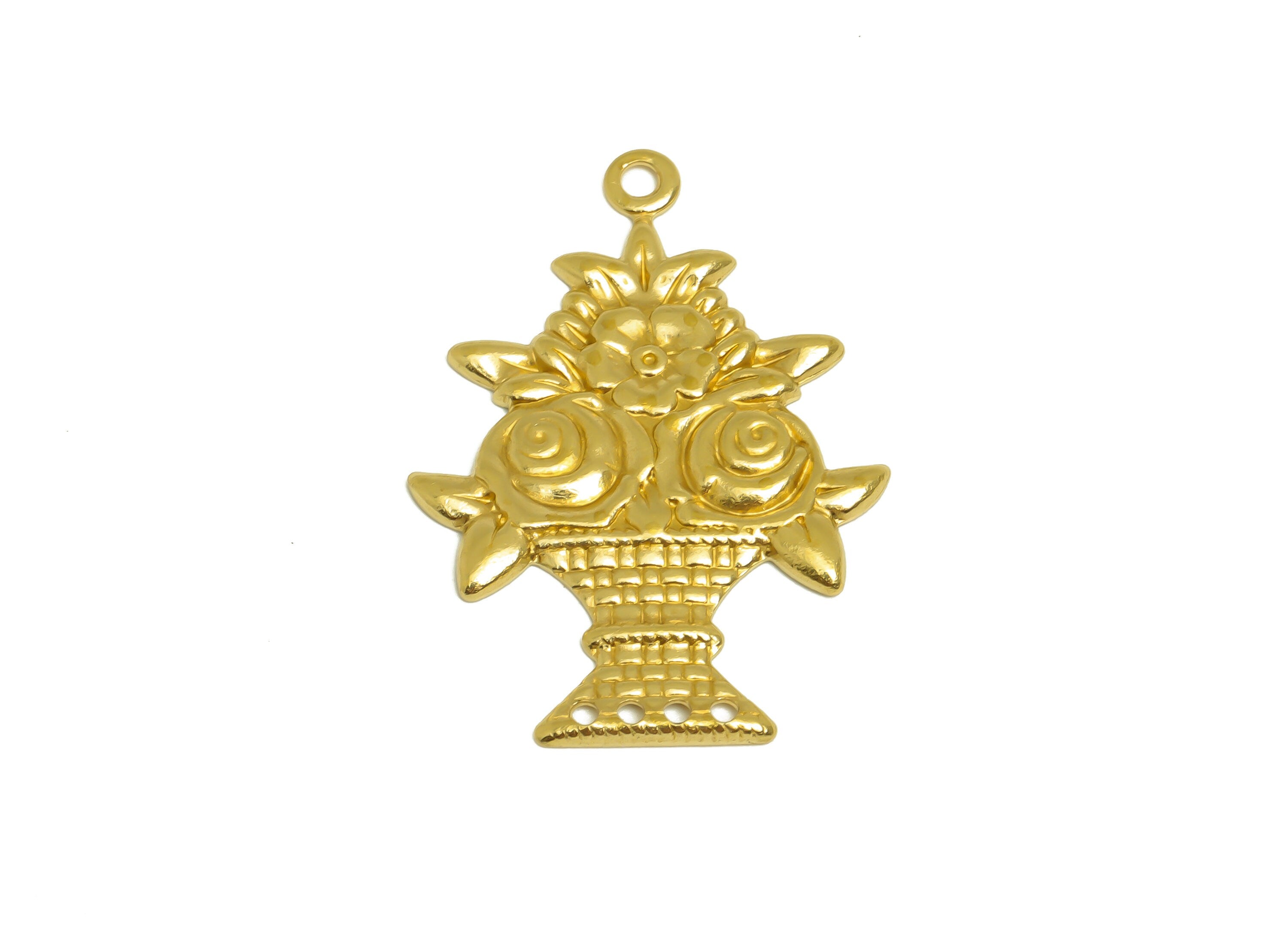 Brass Rose Earring Charm - Brass Textured Flower Connector - Textured Vintage Looking Earring Charm - Potted Plant Charm - 35x25x1mm-PP10427 - DOMEDBAZAAR