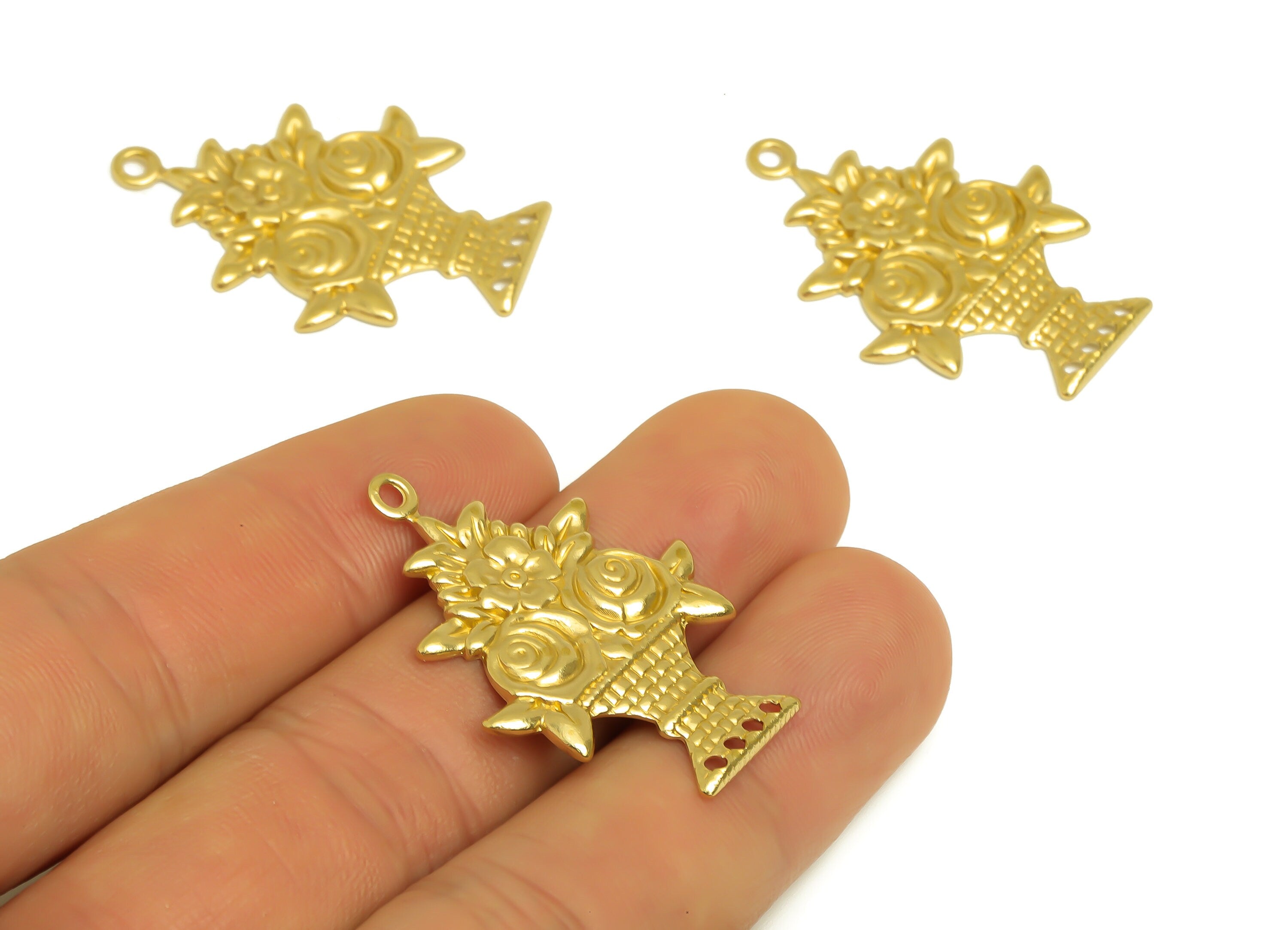 Brass Rose Earring Charm - Brass Textured Flower Connector - Textured Vintage Looking Earring Charm - Potted Plant Charm - 35x25x1mm-PP10427 - DOMEDBAZAAR