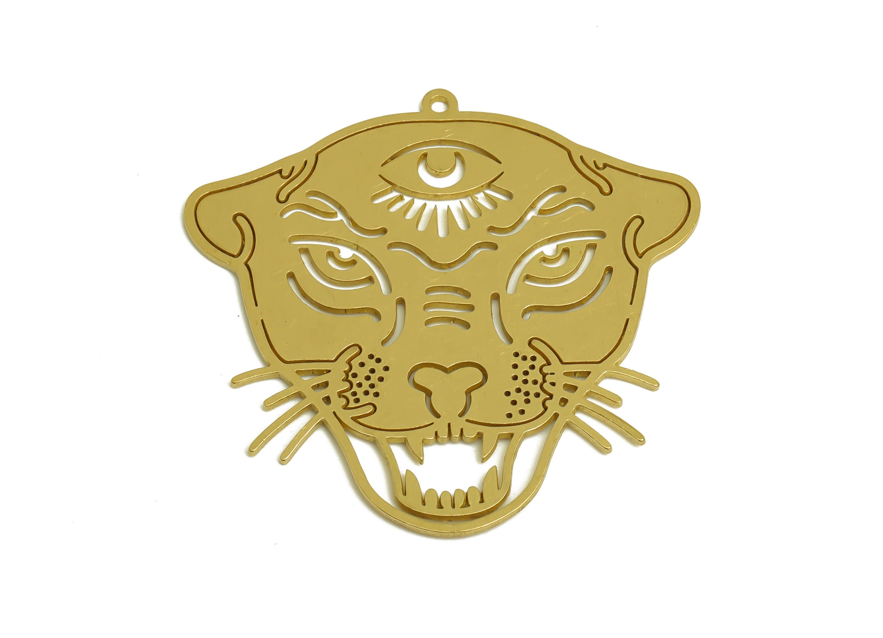 Brass Leopard Head Earring Charm - Raw Brass Animal Hollow Jaguar Earring - Leopard Pendant With Loop - For Necklace - 45x43x0.9mm - PP10366 - DOMEDBAZAAR