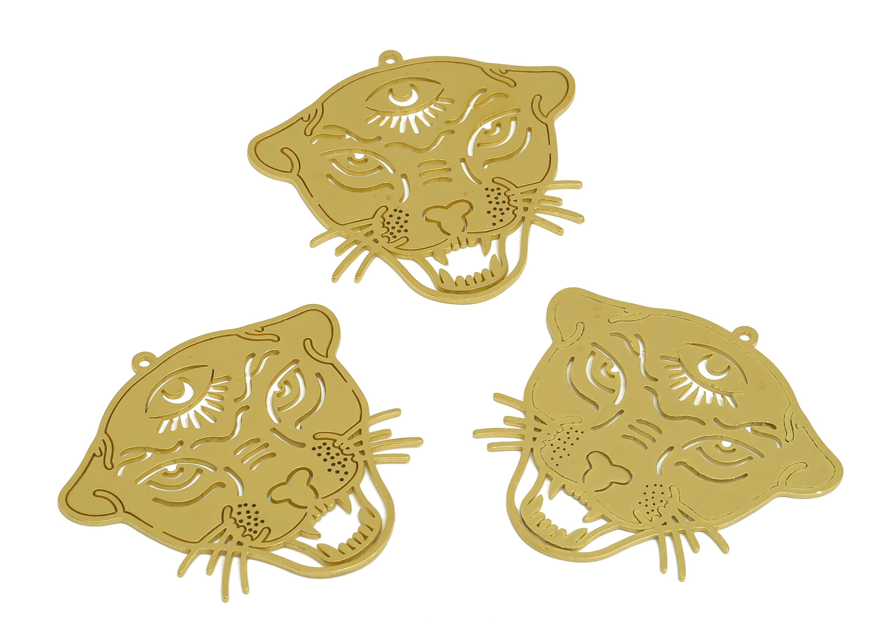 Brass Leopard Head Earring Charm - Raw Brass Animal Hollow Jaguar Earring - Leopard Pendant With Loop - For Necklace - 45x43x0.9mm - PP10366 - DOMEDBAZAAR