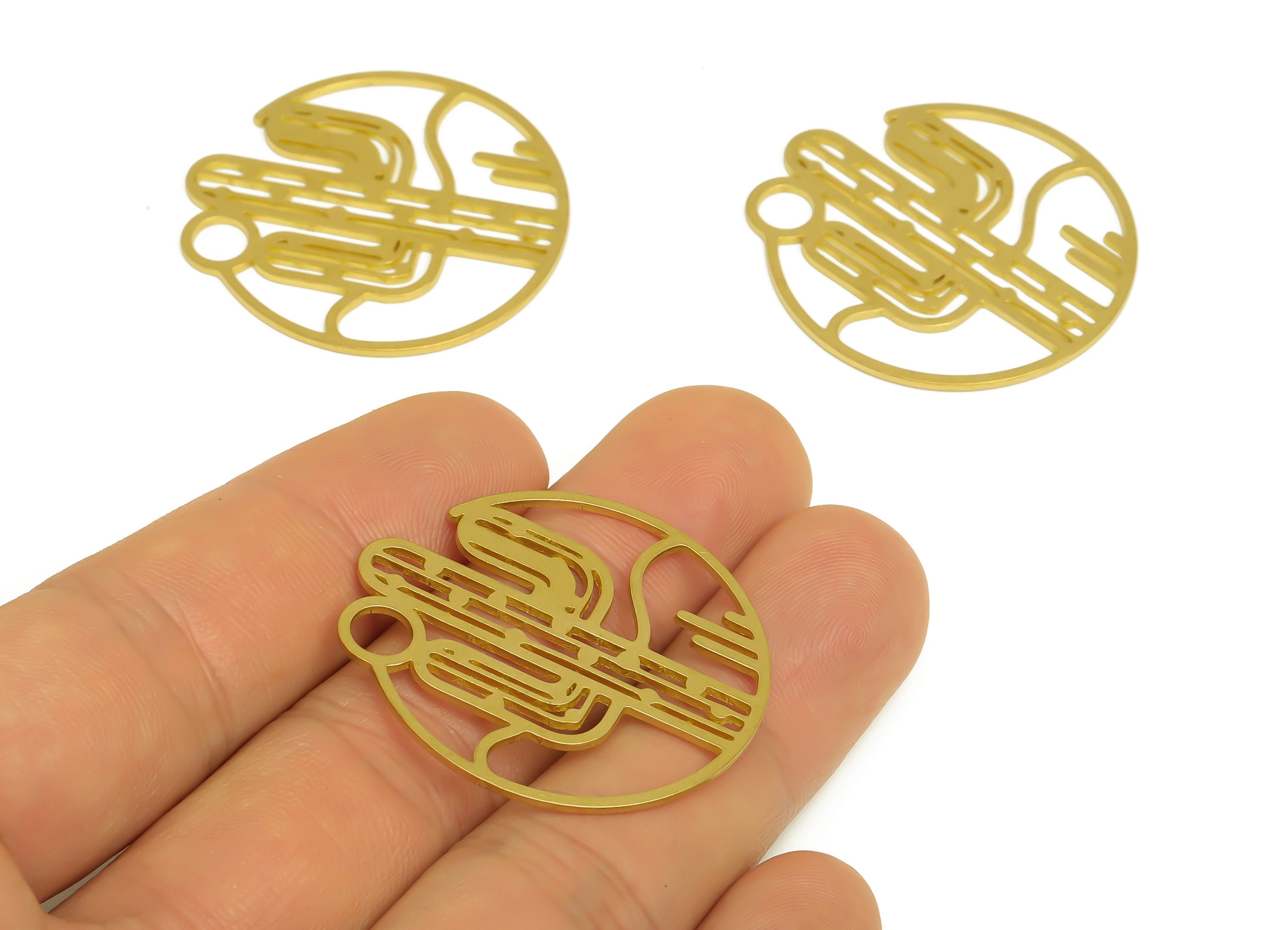Brass Round Cactus Earring Charms - Raw Brass Hollow Cactus Circle Botanical Pendant - Jewelry Making Supplies - 34.7x 32.8x 0.8mm - PP10357 - DOMEDBAZAAR