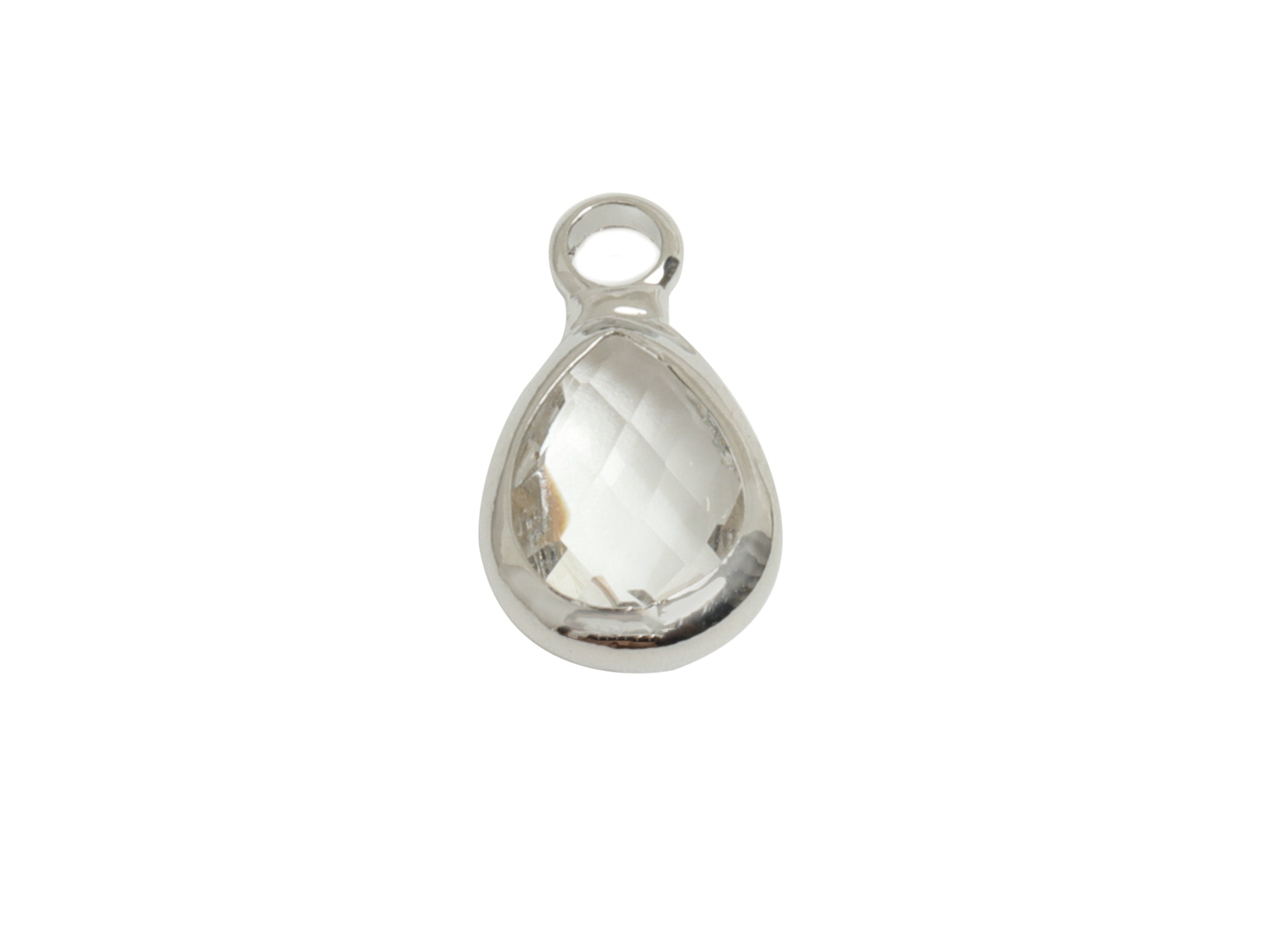 Glass Mini Drop Earring Charms - Brass Teardrop Frame Pendant - Silver Tone Plating Clear - Faceted Glass - 11.72x6.67x3.18mm - GS1068F - DOMEDBAZAAR