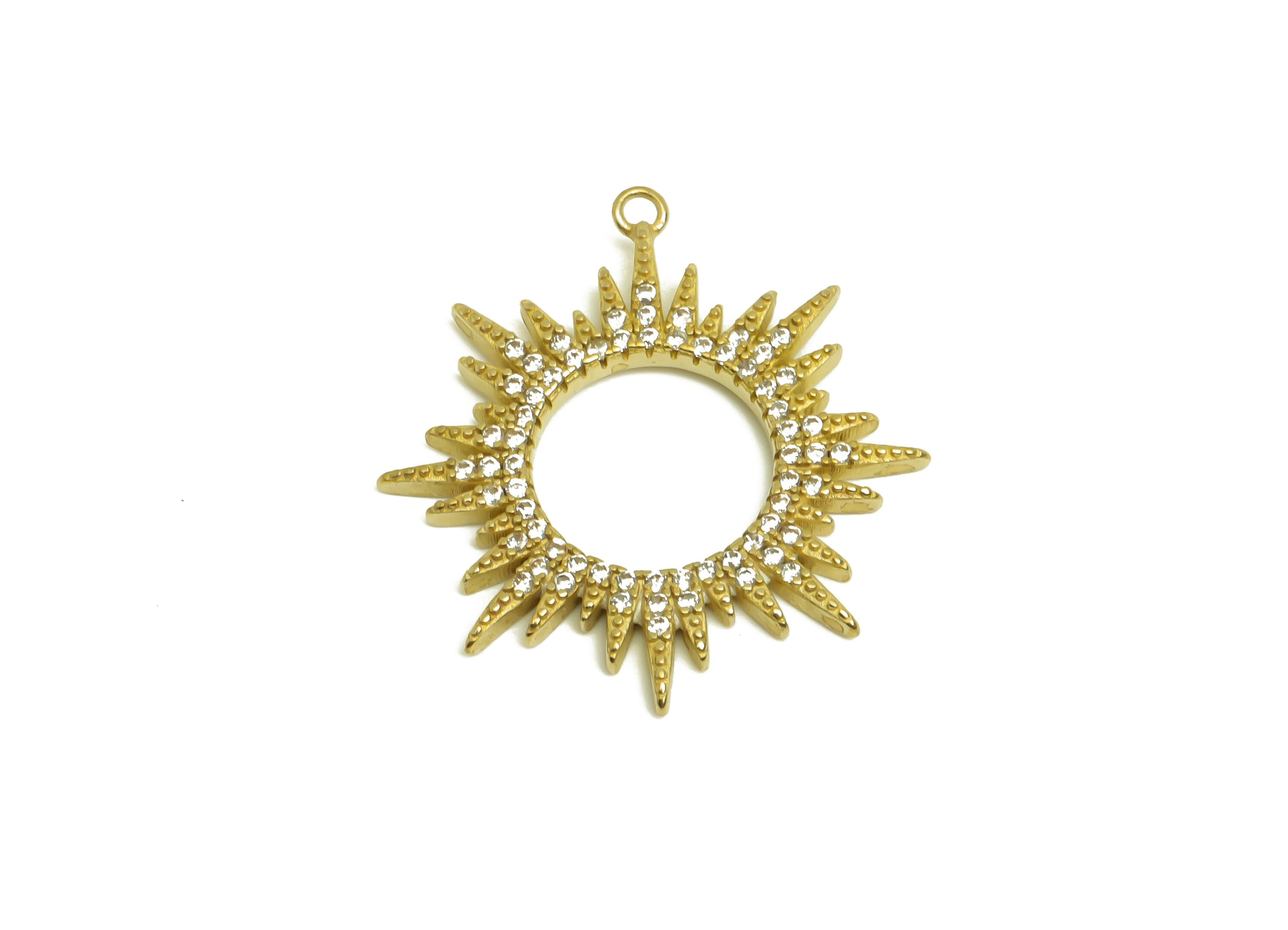 Brass Sun Earring Charm With Zircon - Raw Brass Cubic Zircon Sun Pendant - Earring Finding - Jewelry Making Supplies - 26x25x1.9mm - PP10435 - DOMEDBAZAAR