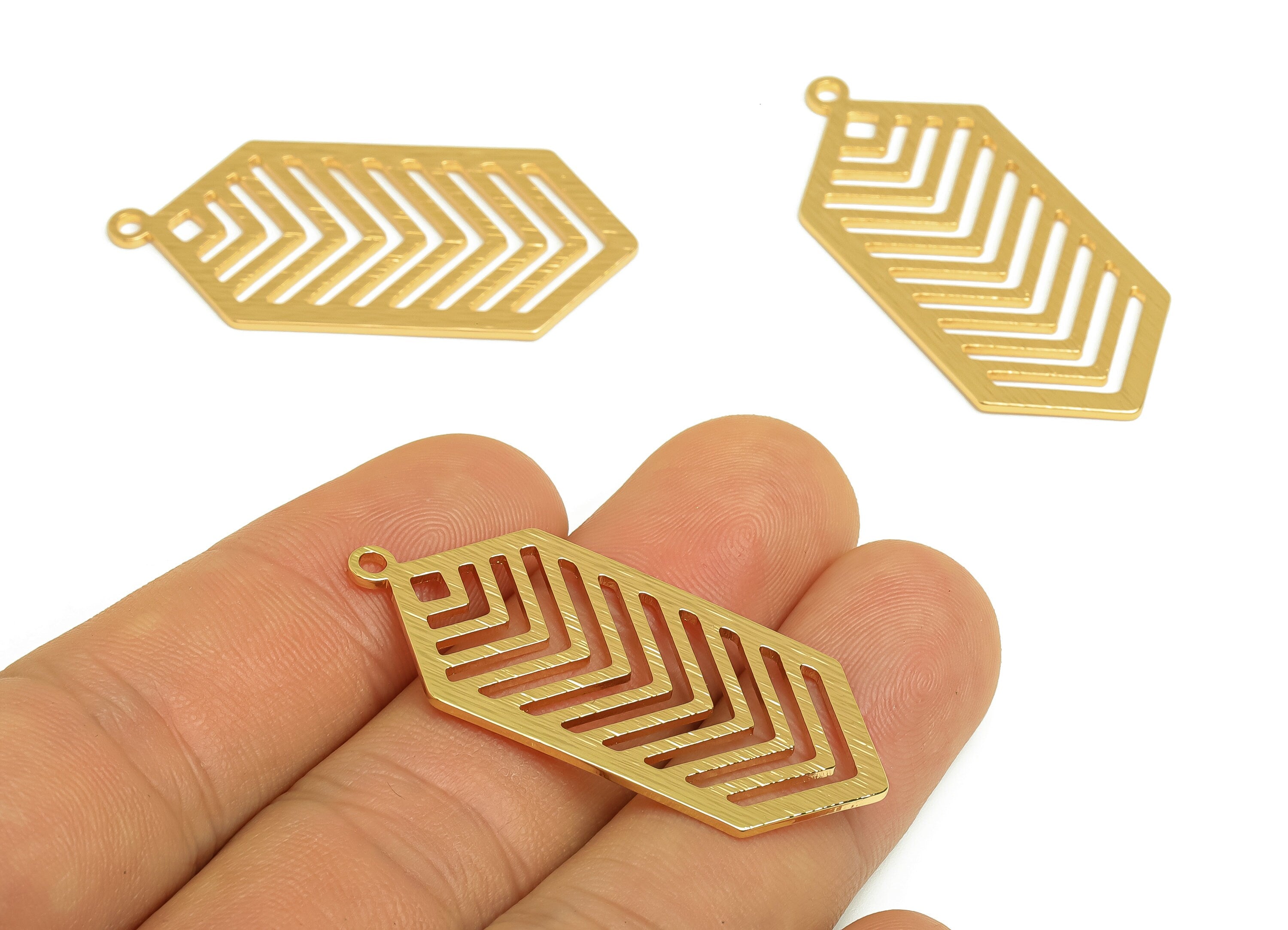 Brass Hexagon Charms - Raw Brass Textured Hexagon Earring Charm - Brass Geometry Pendant - Kc Gold Tone Plating - 43x19x1.2mm - PP10447 - DOMEDBAZAAR