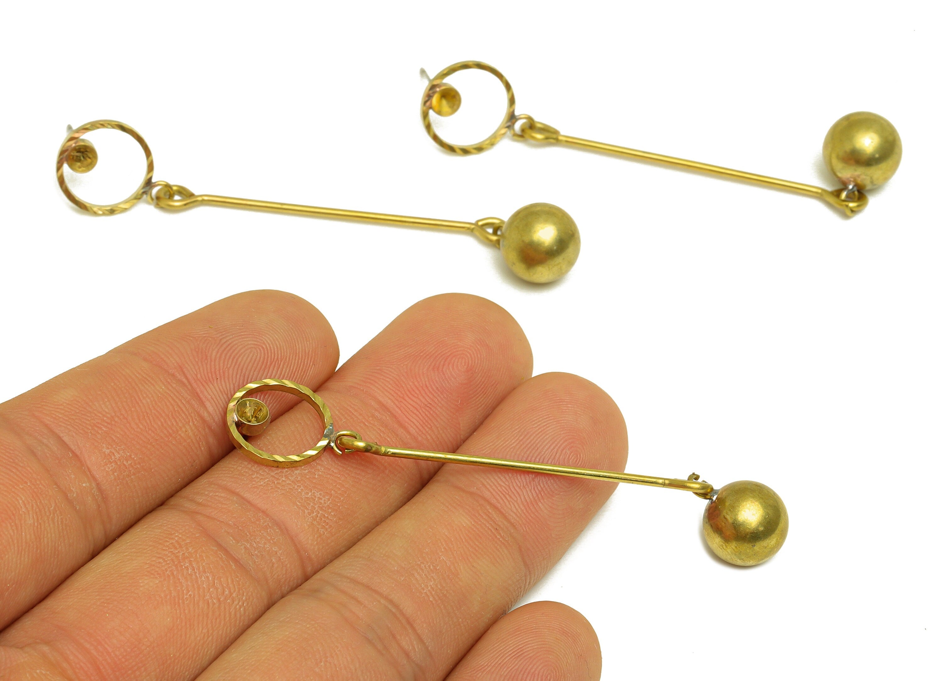 Brass Ball Earrings Stud - Raw Brass Long Bar Ball Dangle Earring Stud - Textured Round Earring Post - Stud For Diamond - 68x12x9mm -PP10479 - DOMEDBAZAAR