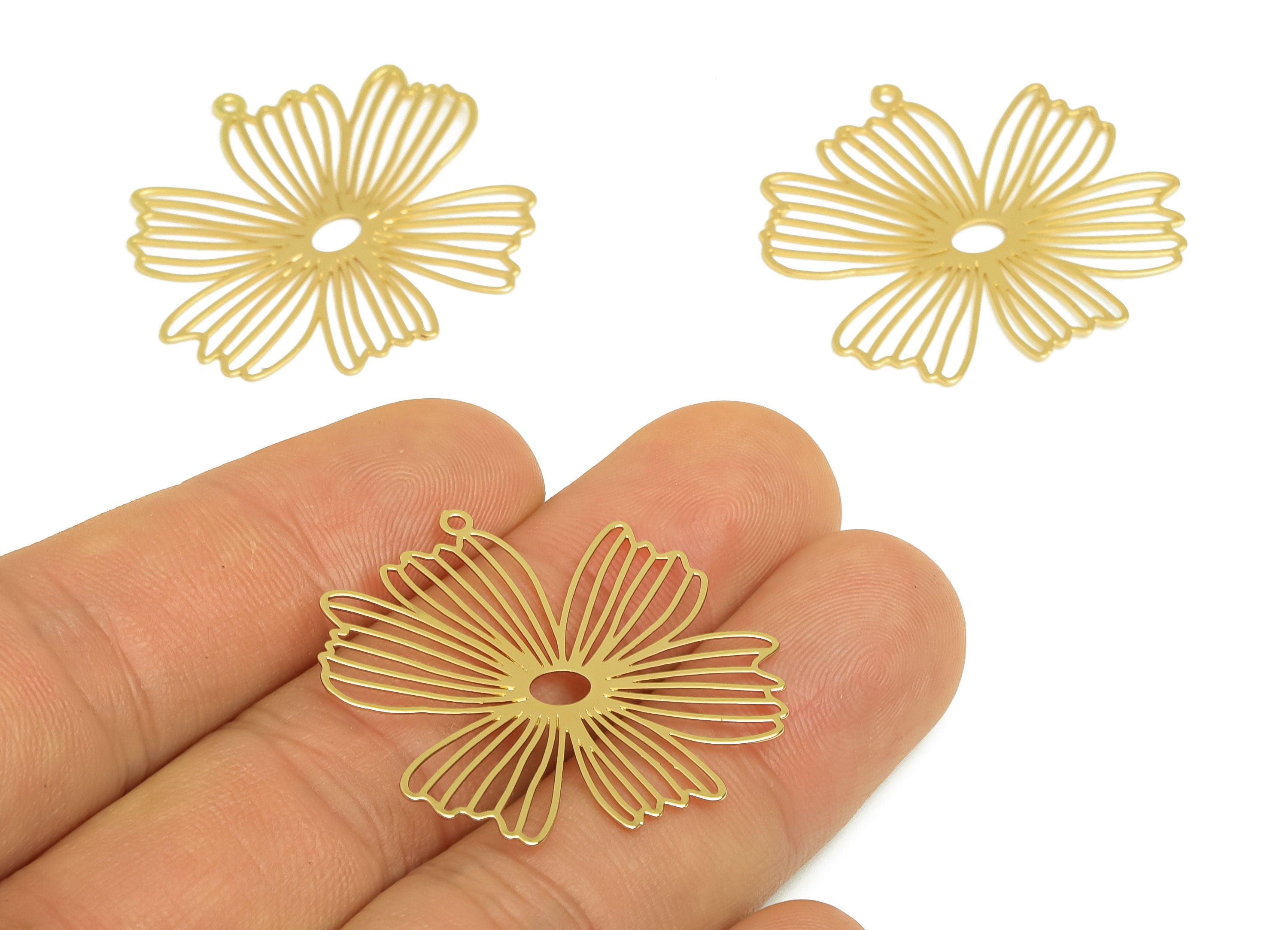 Brass Flower Earring Charms - Raw Brass Botanical Earring Charm - Brass Daisy Pendant - Kc Gold Tone Plating - 35x32x0.45mm - PP10455 - DOMEDBAZAAR