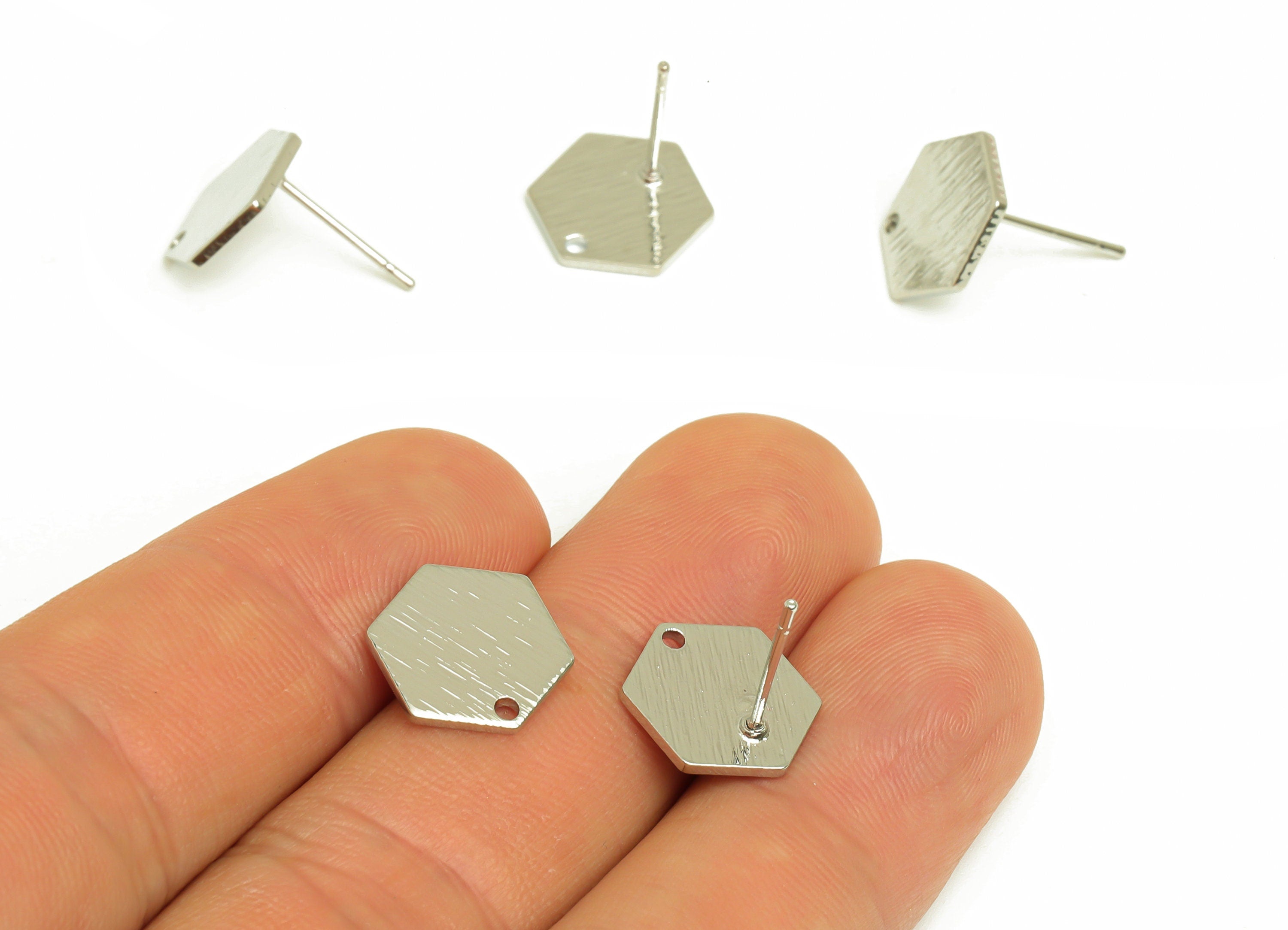Brass Hexagon Earring Post - Brass Hexagon Earring Stud - 316 Stainless Steel Stud - 18K Real White Gold Plated - 13.6x12.8x1.1mm - RGP5181S - DOMEDBAZAAR