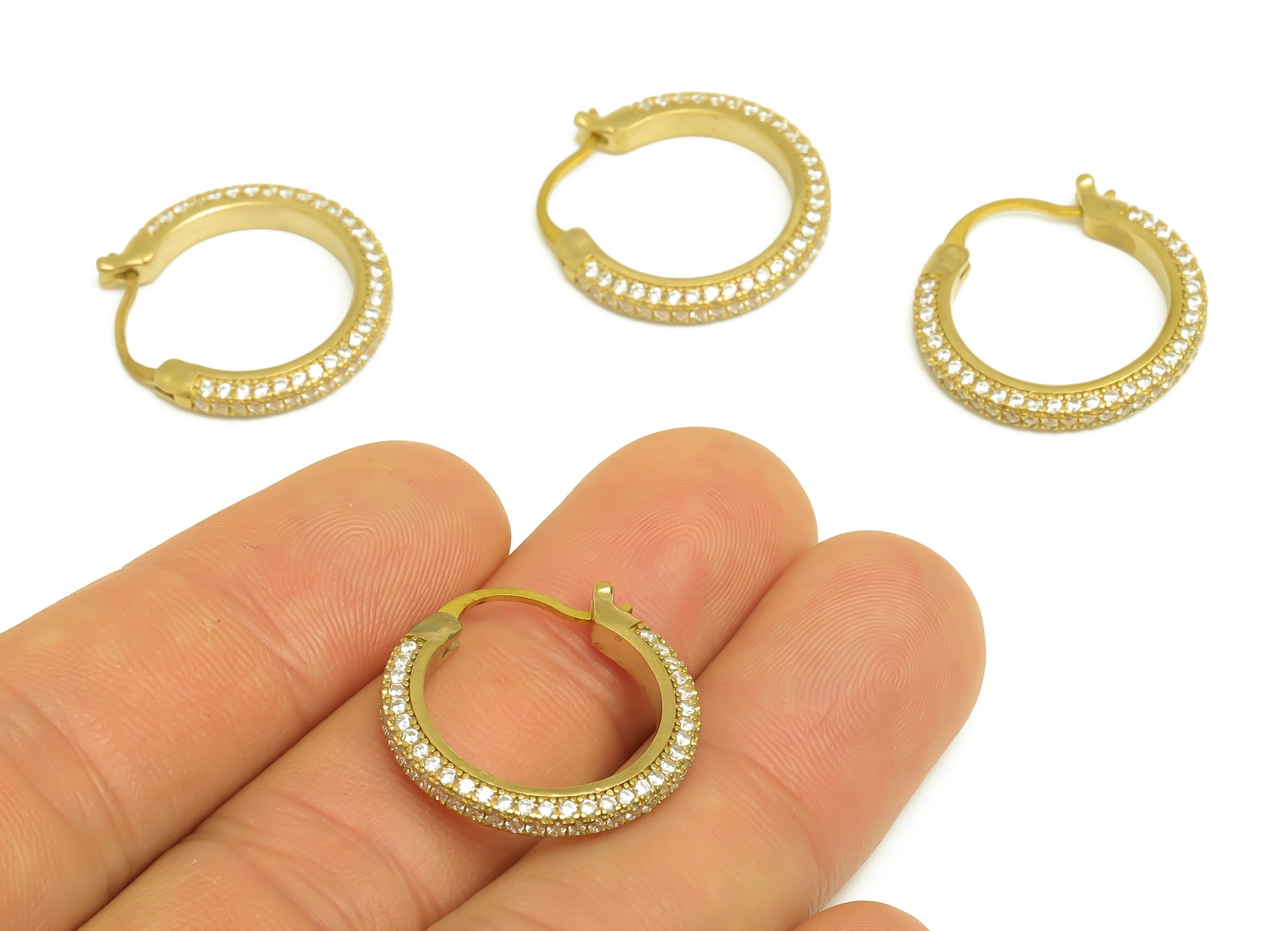 22mm Brass CZ Hoop Earring - Brass Hinged Back Earring - Brass Round Cubic Zircon Earring - CZ Hinged Back Earring - 22x22x2mm - PP10352-22 - DOMEDBAZAAR