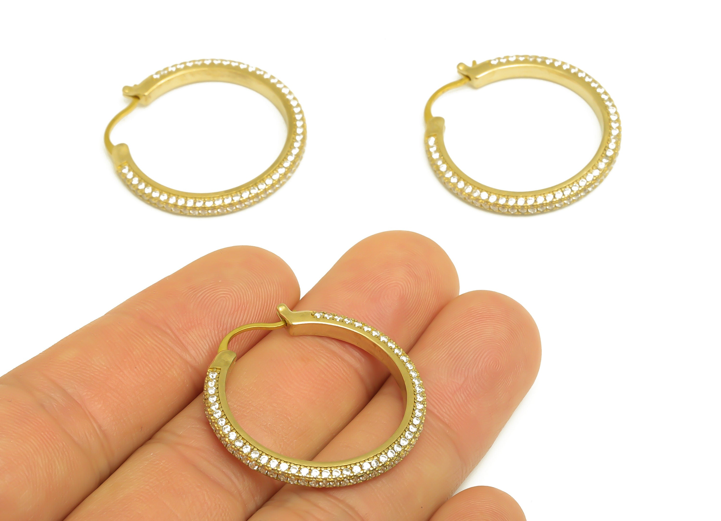 30mm Brass CZ Hoop Earring - Brass Hinged Back Earring - Brass Round Cubic Zircon Earring - CZ Hinged Back Earring - 30x30x2mm - PP10352-30 - DOMEDBAZAAR