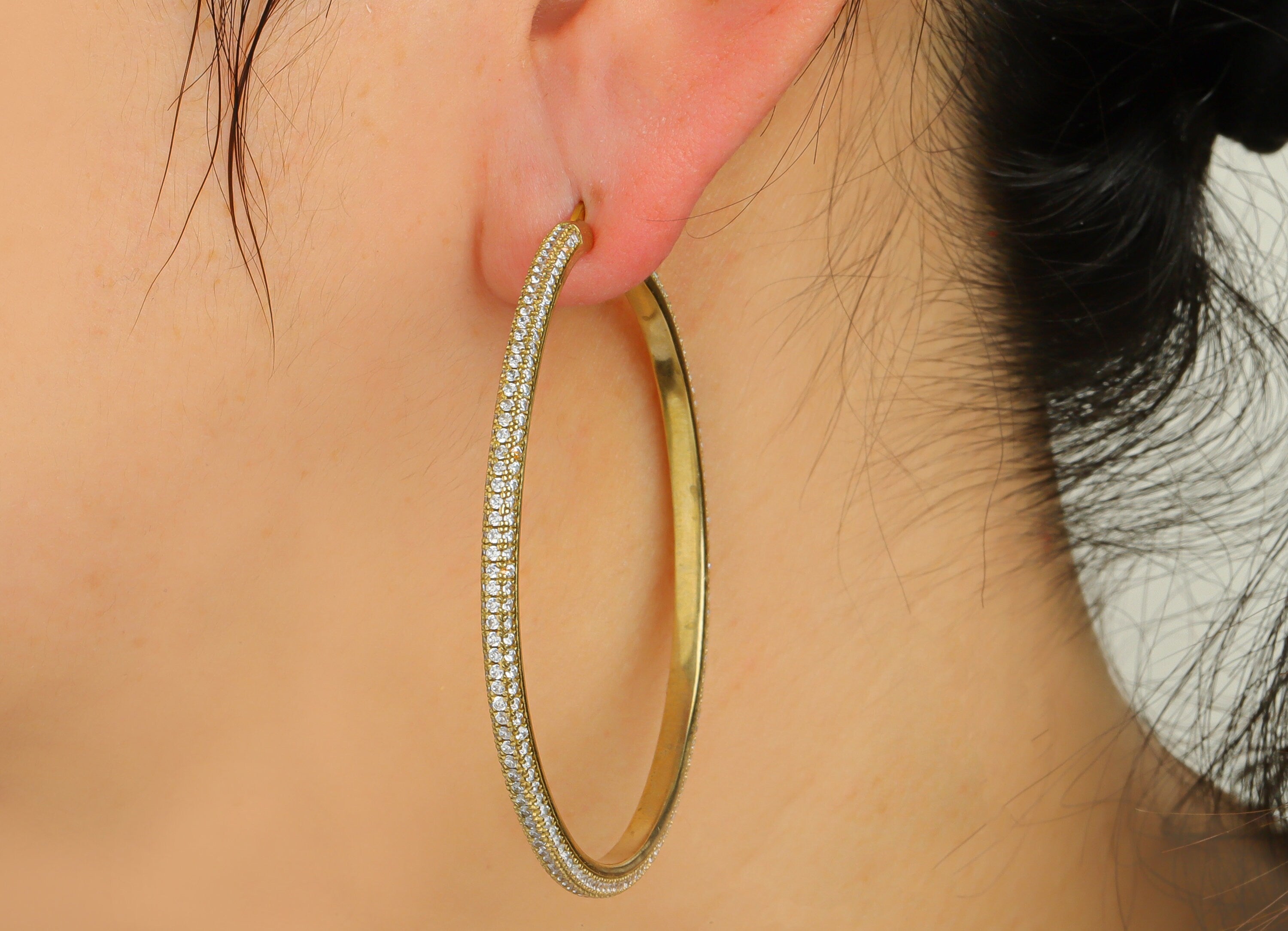 60mm Brass CZ Hoop Earring - Brass Large Hinged Back Earring - Brass Cubic Zircon Earring - CZ Hinged Back Earring - 60x60x3mm - PP10352-60 - DOMEDBAZAAR