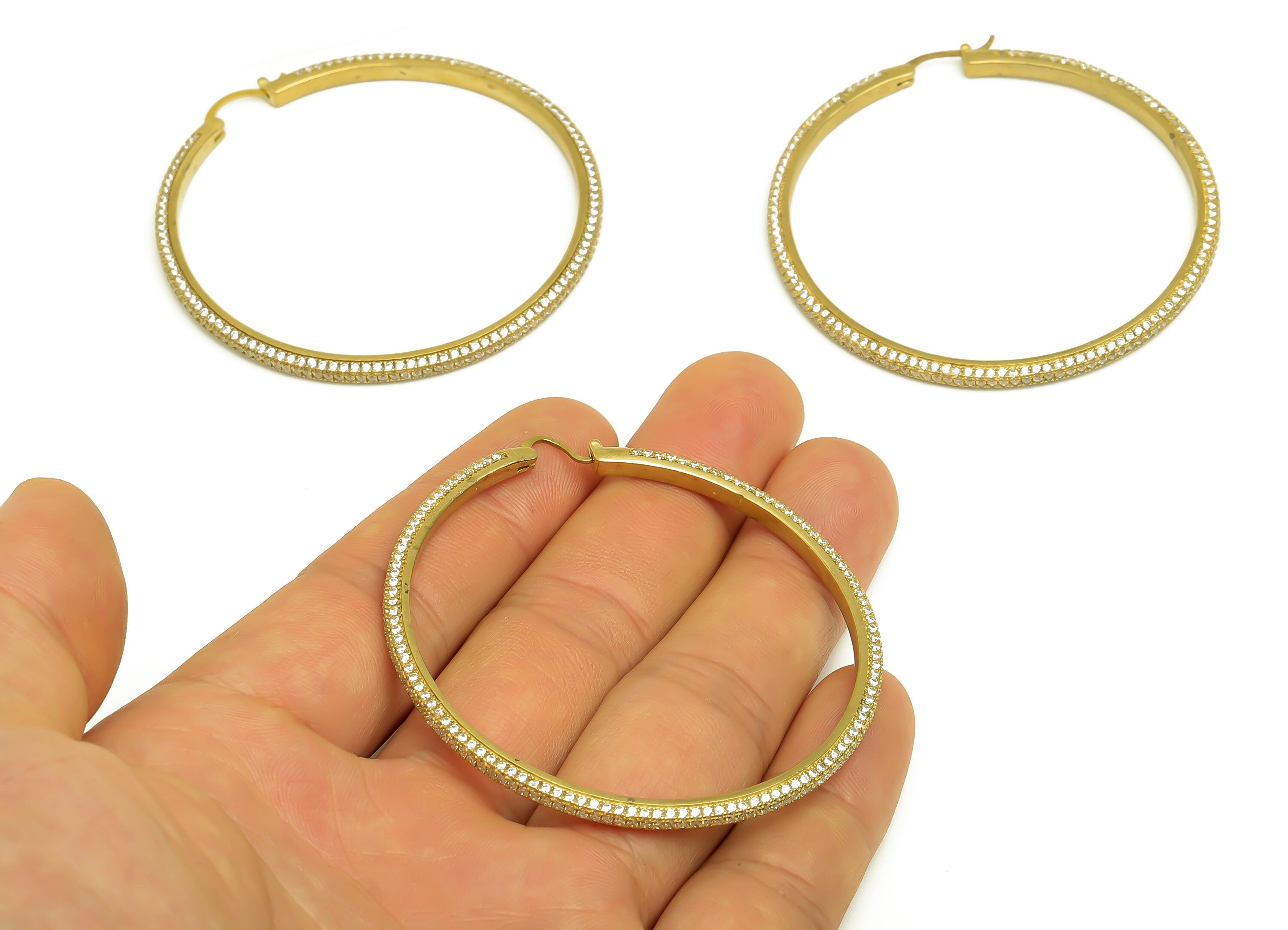 60mm Brass CZ Hoop Earring - Brass Large Hinged Back Earring - Brass Cubic Zircon Earring - CZ Hinged Back Earring - 60x60x3mm - PP10352-60 - DOMEDBAZAAR