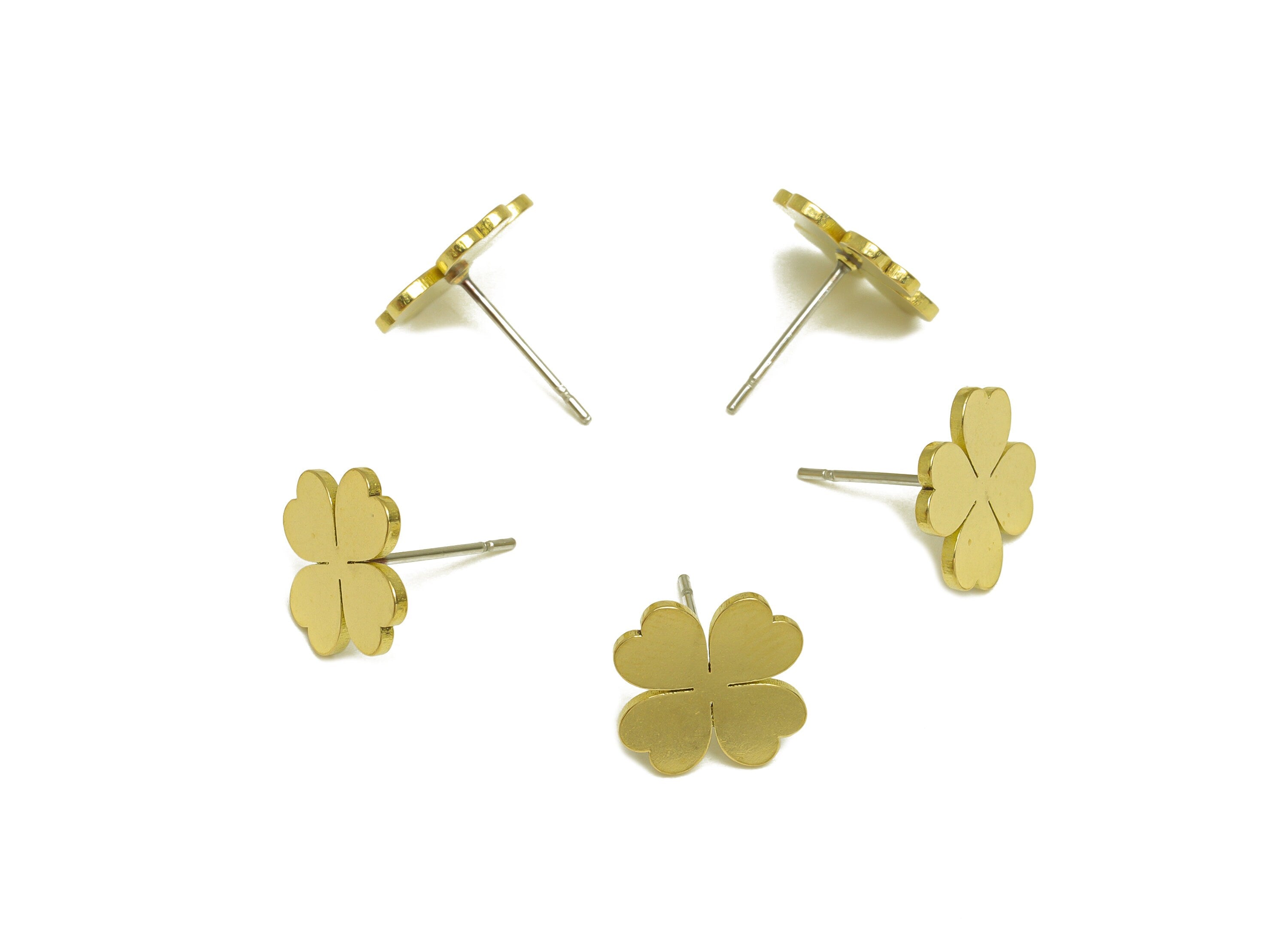 Brass Four Leaf Clover Earrings Stud - Raw Brass Heart Earring Post - Brass Flower Earring Post - Brass Heart Post - 10.9x10.9x1mm - PP10481 - DOMEDBAZAAR