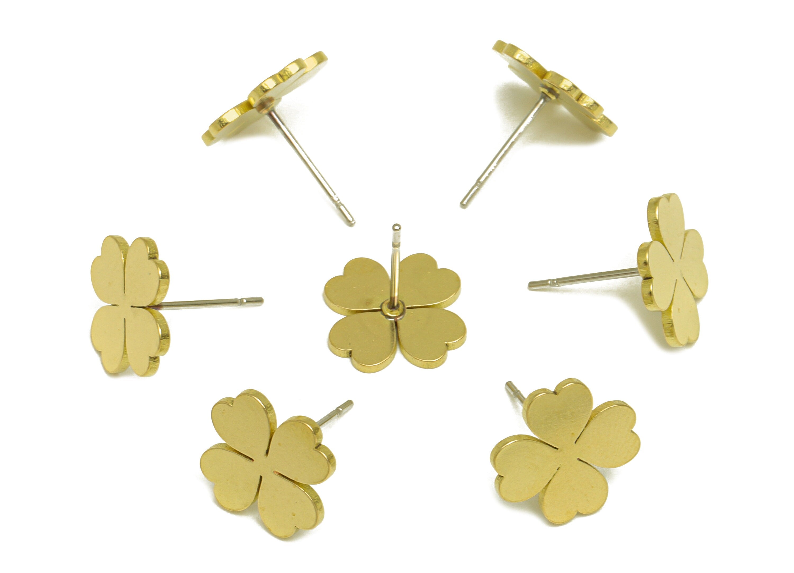 Brass Four Leaf Clover Earrings Stud - Raw Brass Heart Earring Post - Brass Flower Earring Post - Brass Heart Post - 10.9x10.9x1mm - PP10481 - DOMEDBAZAAR
