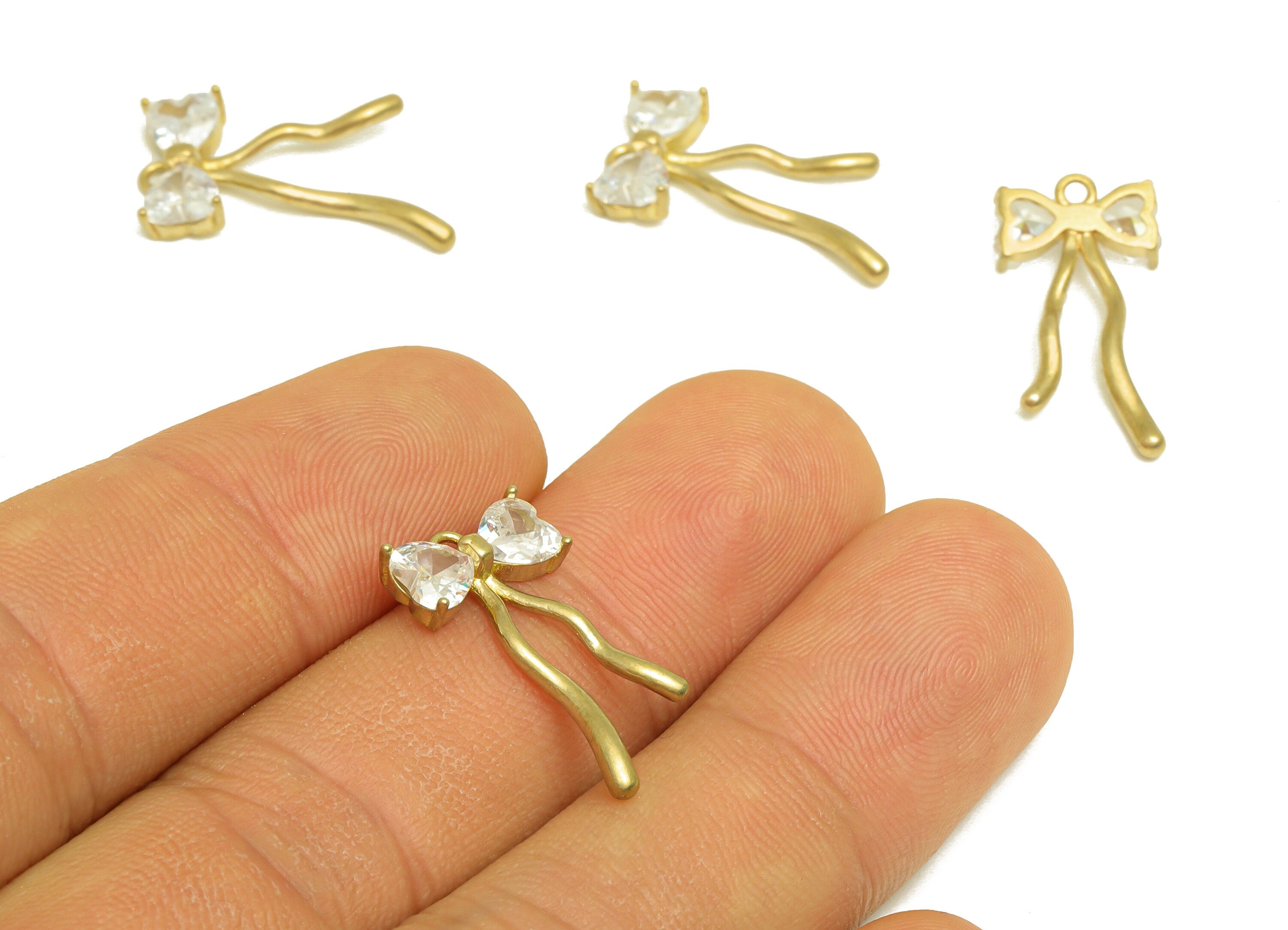 Brass CZ Bow Tie Earring Charm - Raw Brass Zircon Heart Earring Charm - Cubic Zircon Heart Pendant - Brass Zircon Charm - 21x11x3mm -PP10470 - DOMEDBAZAAR