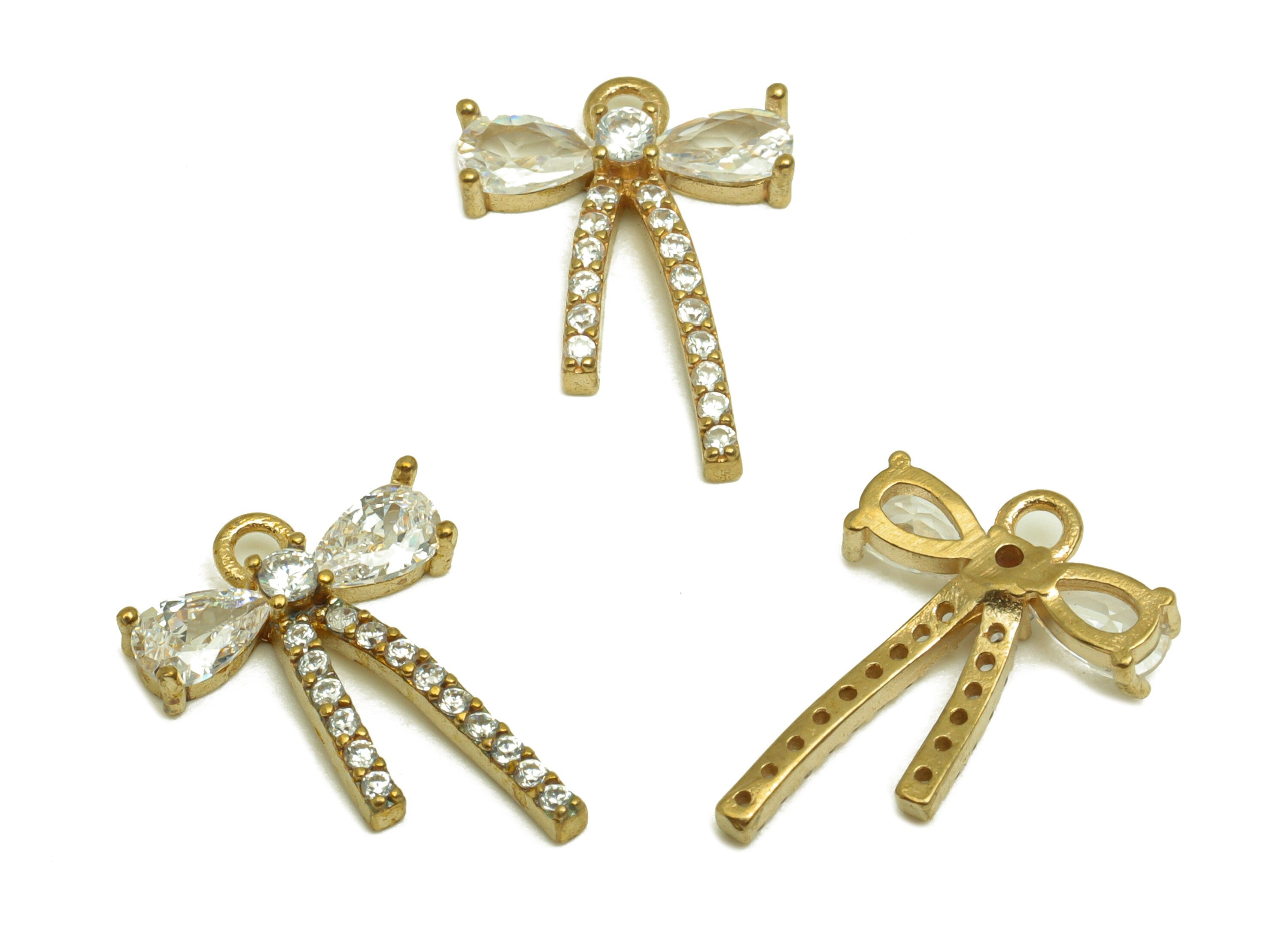 Brass CZ Bow Tie Earring Charm - Raw Brass Zircon Drop Earring Charm - Cubic Zircon Teardrop Pendant - Brass Zircon Charm -16x11x3mm-PP10474 - DOMEDBAZAAR
