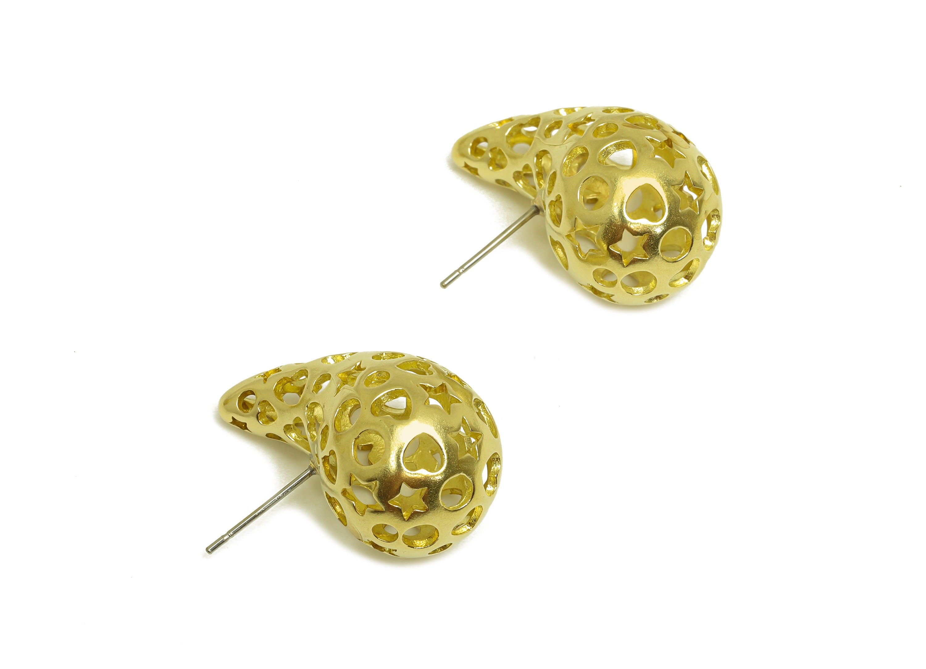 26mm Thick Drop Earring Stud - Raw Brass Heart Earring Post - Teardrop Star Earring Post - Hollow Teardrop Earring - 26x16x15mm - PP10510 - DOMEDBAZAAR