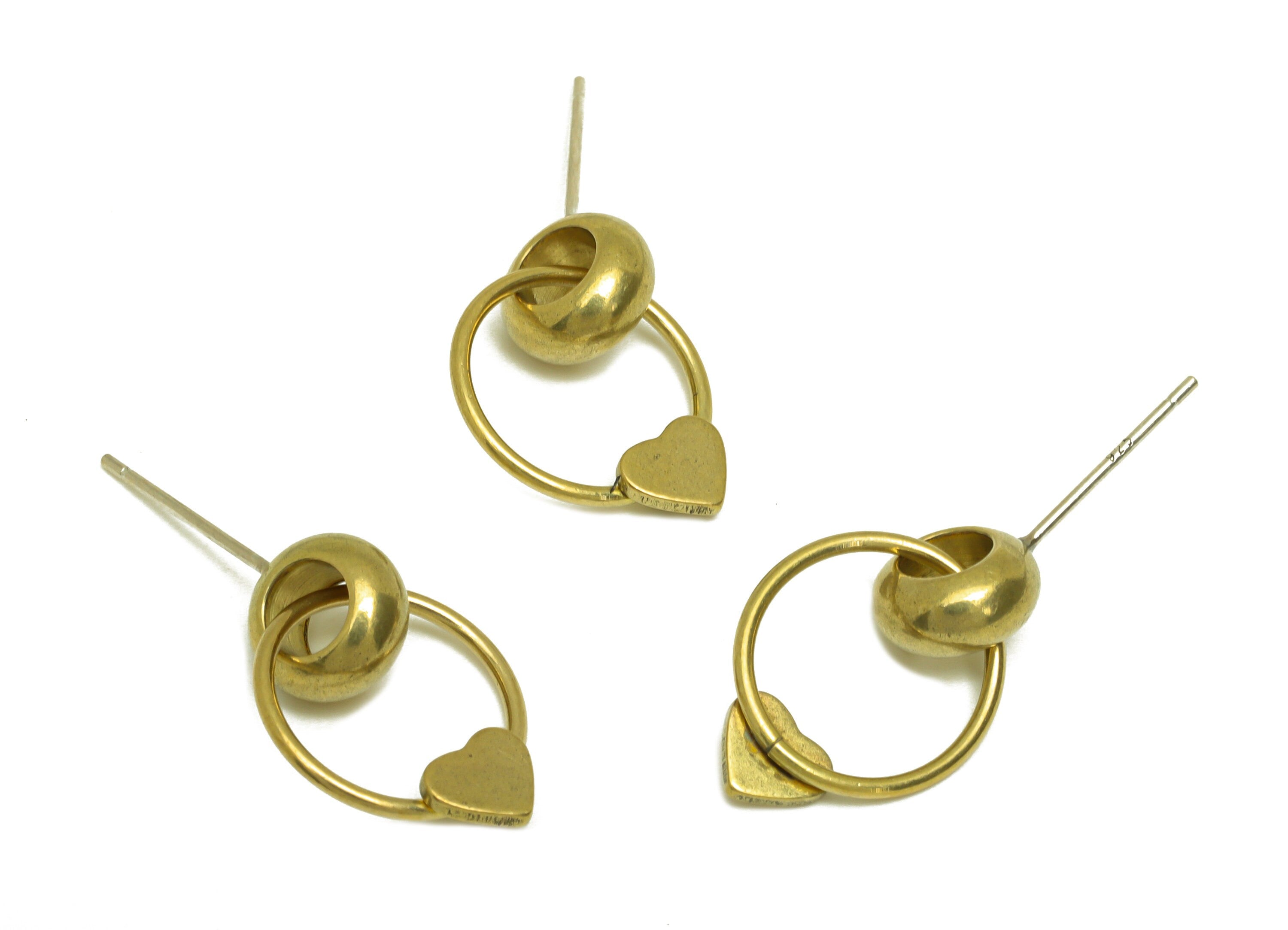 Brass Dangle Heart Earring Stud - Raw Brass Round Heart Earring Post - Brass Dangle Heart Earring Post - 925 Silver Stud - 18x12x4mm-PP10580 - DOMEDBAZAAR