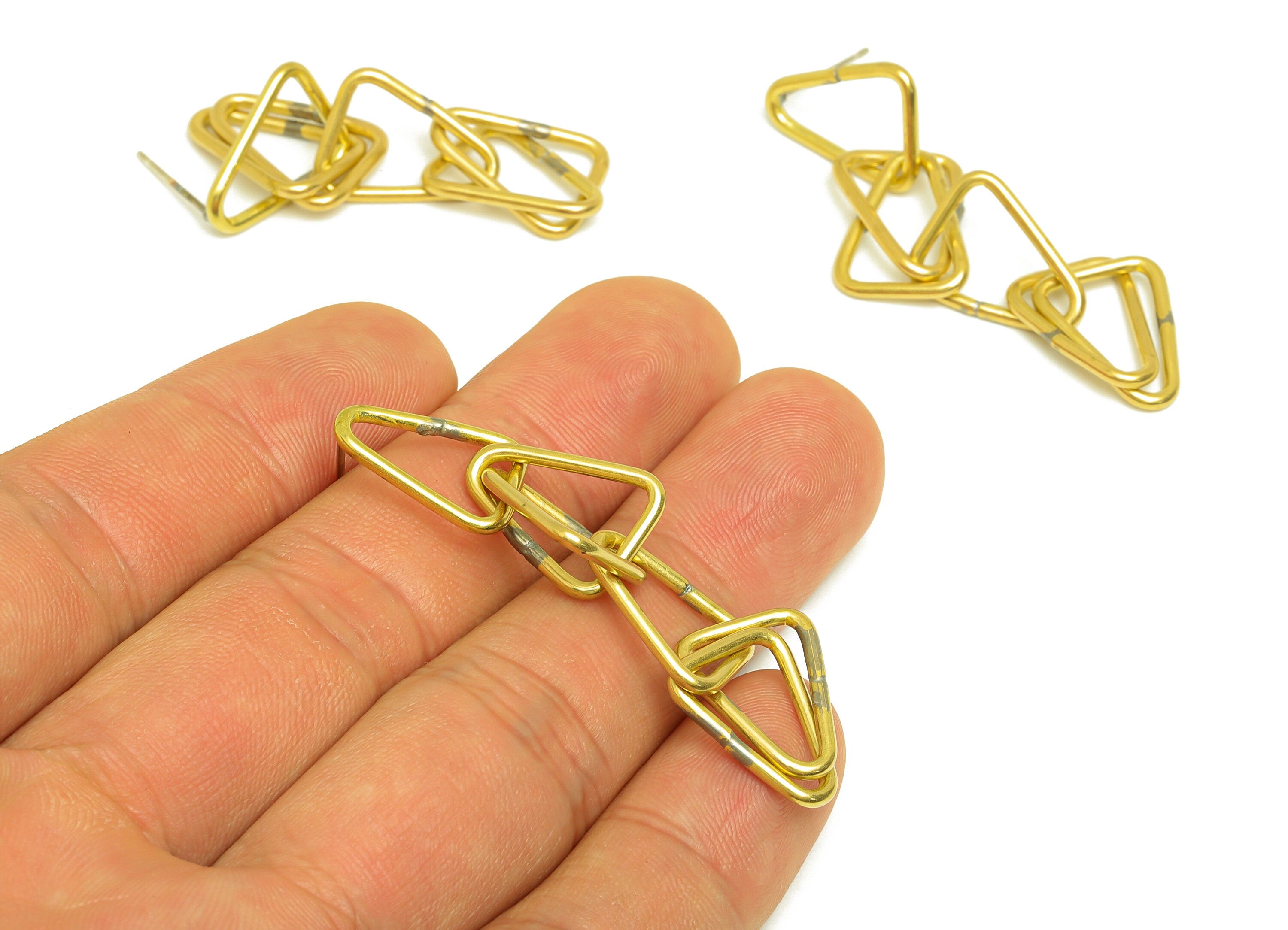 Brass Dangle Triangle Earring Stud - Raw Brass Interlock Earring Post - Brass Dangle Triangle Earring Post - Silver Stud - 47x12x1mm-PP10599 - DOMEDBAZAAR